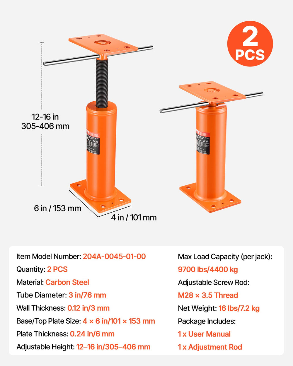VEVOR 2PCS Adjustable Floor Jack Post House Floor Leveling Lift 30.5 cm-40.6 cm Height