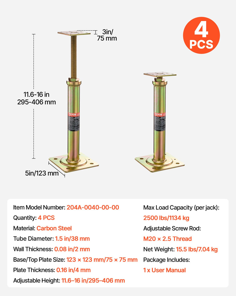 VEVOR 4PCS Adjustable Floor Jack Post House Floor Leveling Lift 29.5 cm-40.6 cm Height