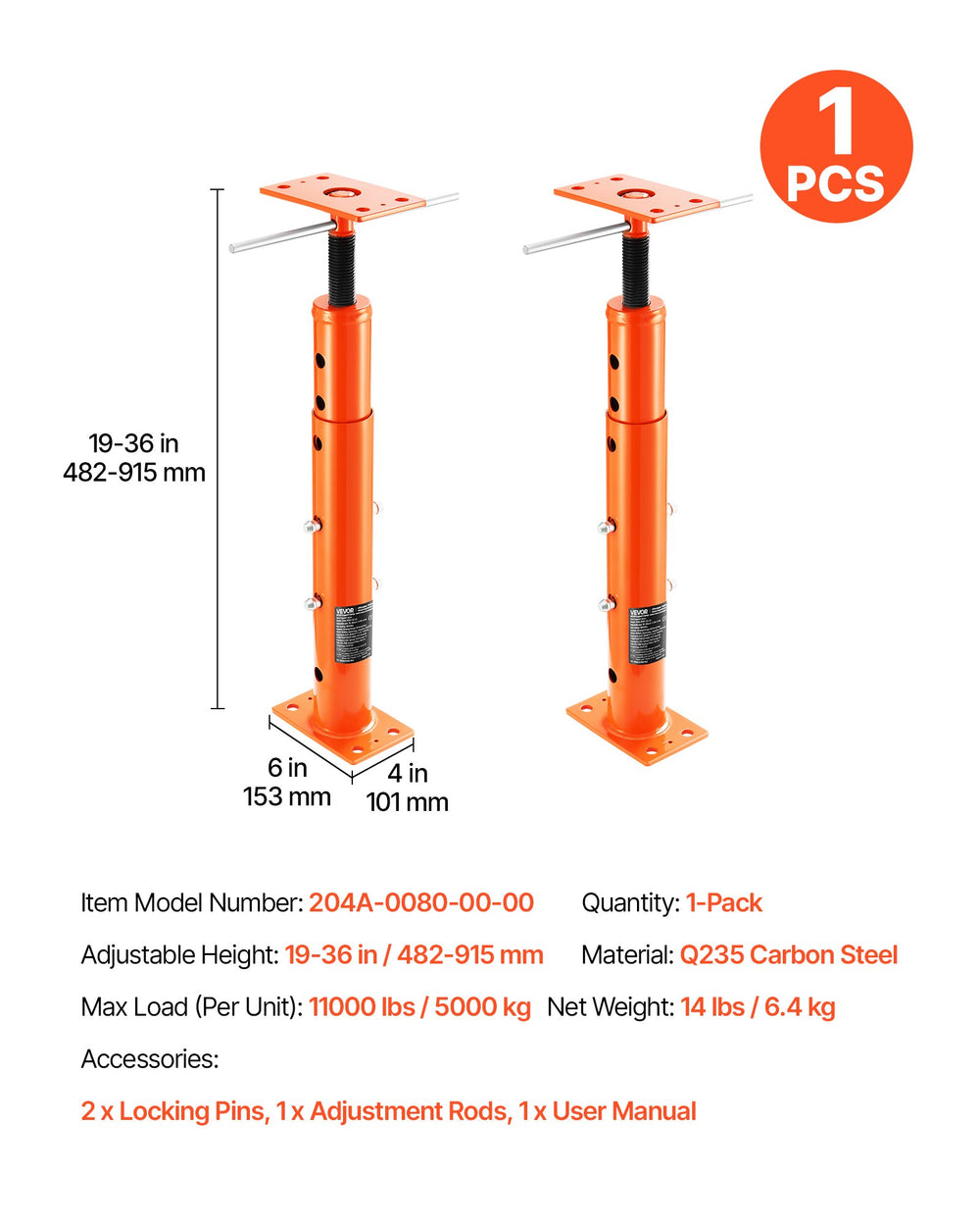 VEVOR House Floor Jack, 19"-36" Height Range, 18000 lbs Max Load Capacity, Adjustable Support Beam Basement Jack Post Pole for Leveling, Lift Support Steel Telescoping Jack Post for Temporary Support
