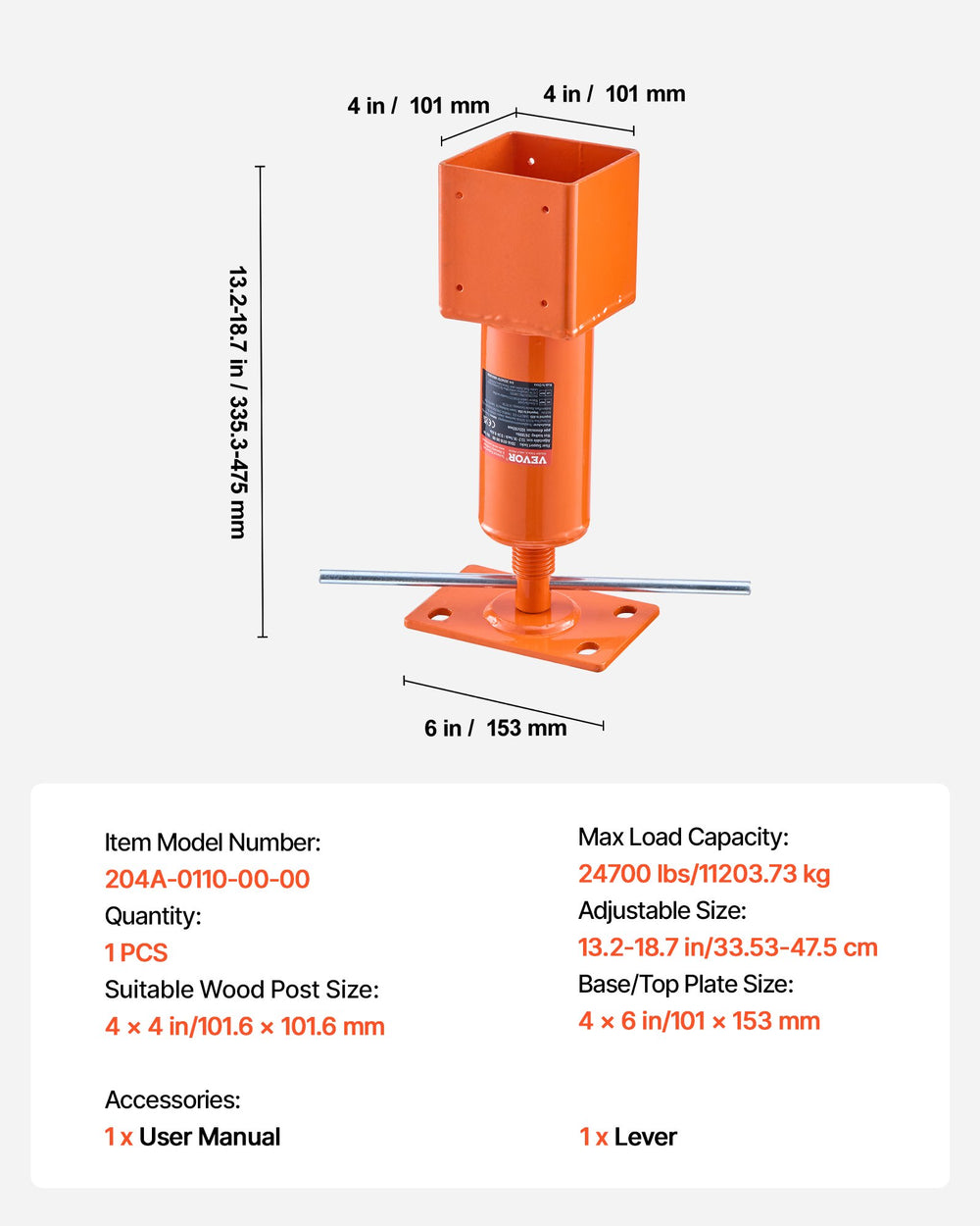 VEVOR Screw Jack Post, 4" x 4", 13.2"-18.7" Height Range, 24700 lbs Max Load Capacity, Adjustable Shore Jack, Temporary House Jack Pole for Home Leveling, Lifting Floor Crawlspace Basement Shore Beam
