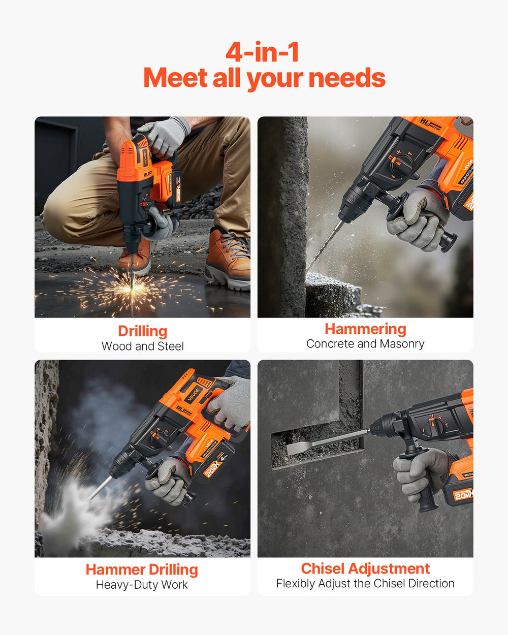 VEVOR 20V Brushless Cordless Hammer Drill, Lithium-Ion 1.1 Inch Rotary Hammer Driver, SDS-Plus Electric Lightweight Power Tool Kit with Battery and Charger, 4 Functions, 1200 RPM, 5300 BPM