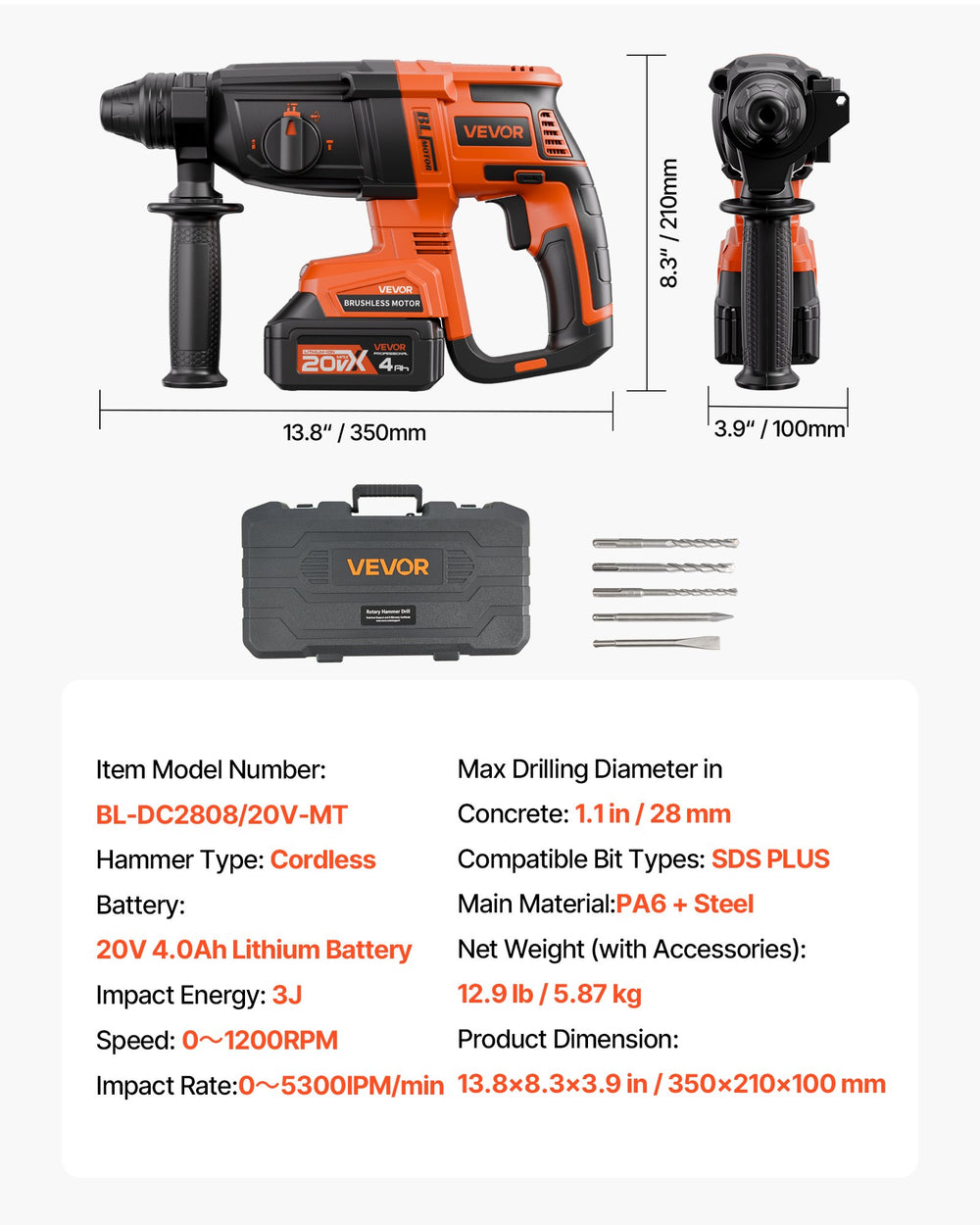 VEVOR 20V Brushless Cordless Hammer Drill, Lithium-Ion 1.1 Inch Rotary Hammer Driver, SDS-Plus Electric Lightweight Power Tool Kit with Battery and Charger, 4 Functions, 1200 RPM, 5300 BPM