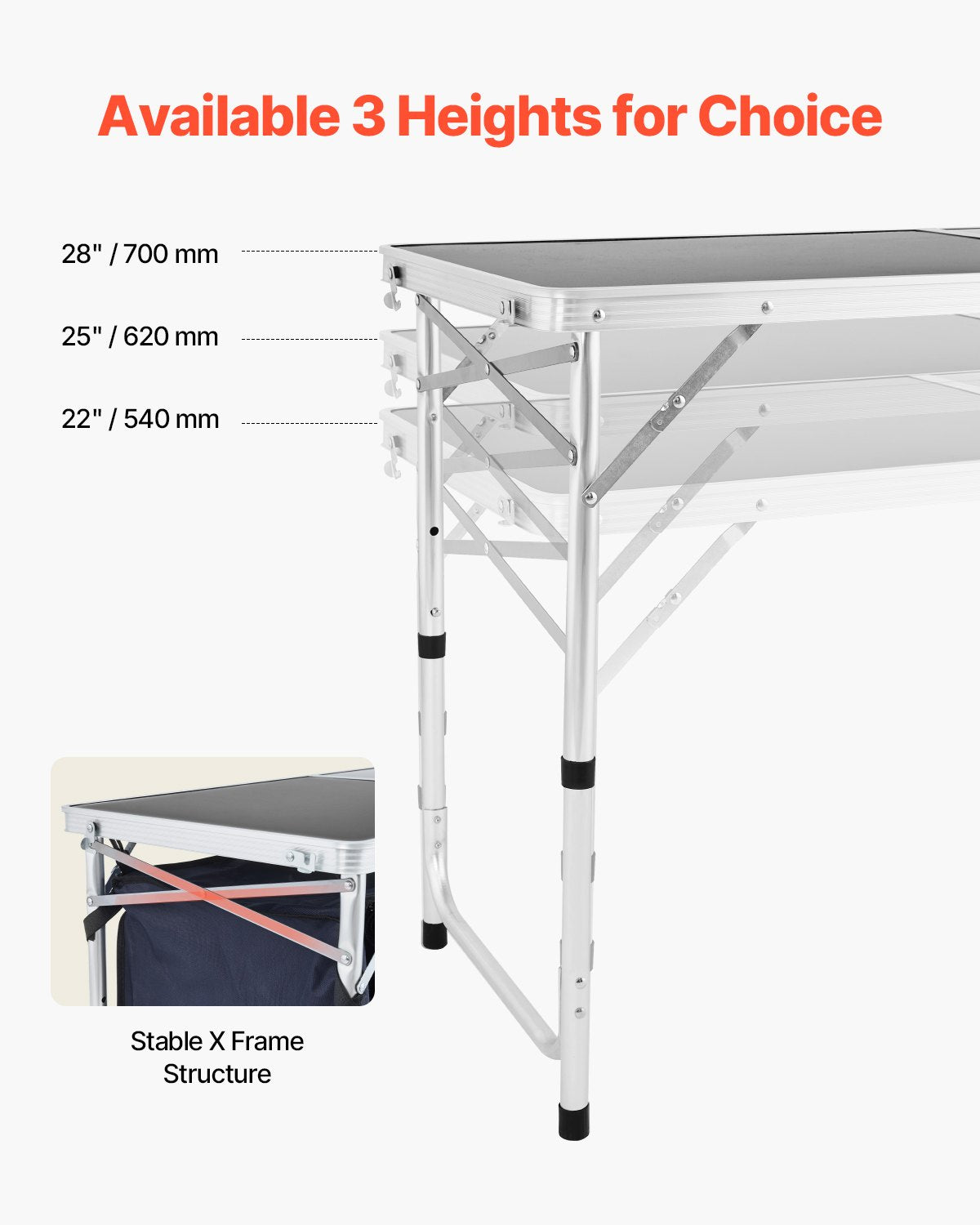 VEVOR Camping Kitchen Table, Folding Outdoor Cooking Table, 3 Adjustable Height, Aluminum Lightweight Portable Cook Station with Storage Organizer, Carry Handle, for BBQ Party Picnic RV Travel, Blue