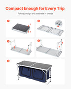 VEVOR Camping Kitchen Table, Folding Outdoor Cooking Table, 3 Adjustable Height, Aluminum Lightweight Portable Cook Station with Storage Organizer, Carry Handle, for BBQ Party Picnic RV Travel, Blue