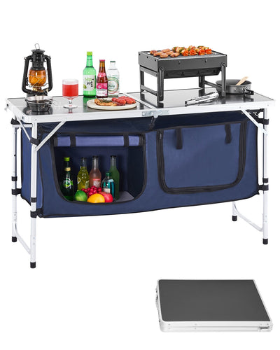 VEVOR Camping Kitchen Table, Folding Outdoor Cooking Table, 3 Adjustable Height, Aluminum Lightweight Portable Cook Station with Storage Organizer, Carry Handle, for BBQ Party Picnic RV Travel, Blue