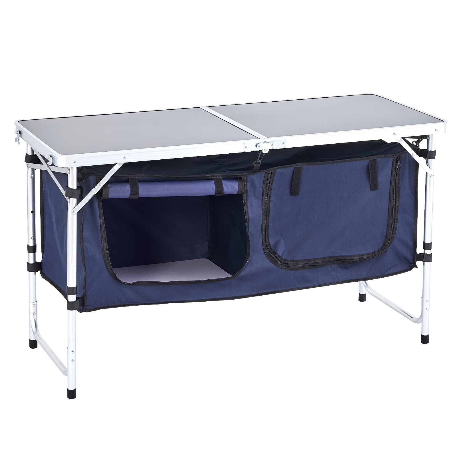 VEVOR Camping Kitchen Table, Folding Outdoor Cooking Table, 3 Adjustable Height, Aluminum Lightweight Portable Cook Station with Storage Organizer, Carry Handle, for BBQ Party Picnic RV Travel, Blue