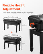 VEVOR Adjustable Piano Keyboard Bench Storage Padded Seat Wooden Bookcase Stool 750x360x515mm