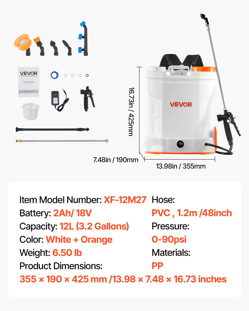 VEVOR Battery Powered Backpack Sprayer, 12L Powerful Electric Backpack Sprayer, 2 Retractable Wands & 5 Nozzles, Adjustable 0-90 PSI, 2 Hour Runtime, Portable Weed Sprayers for Yard Garden Lawn
