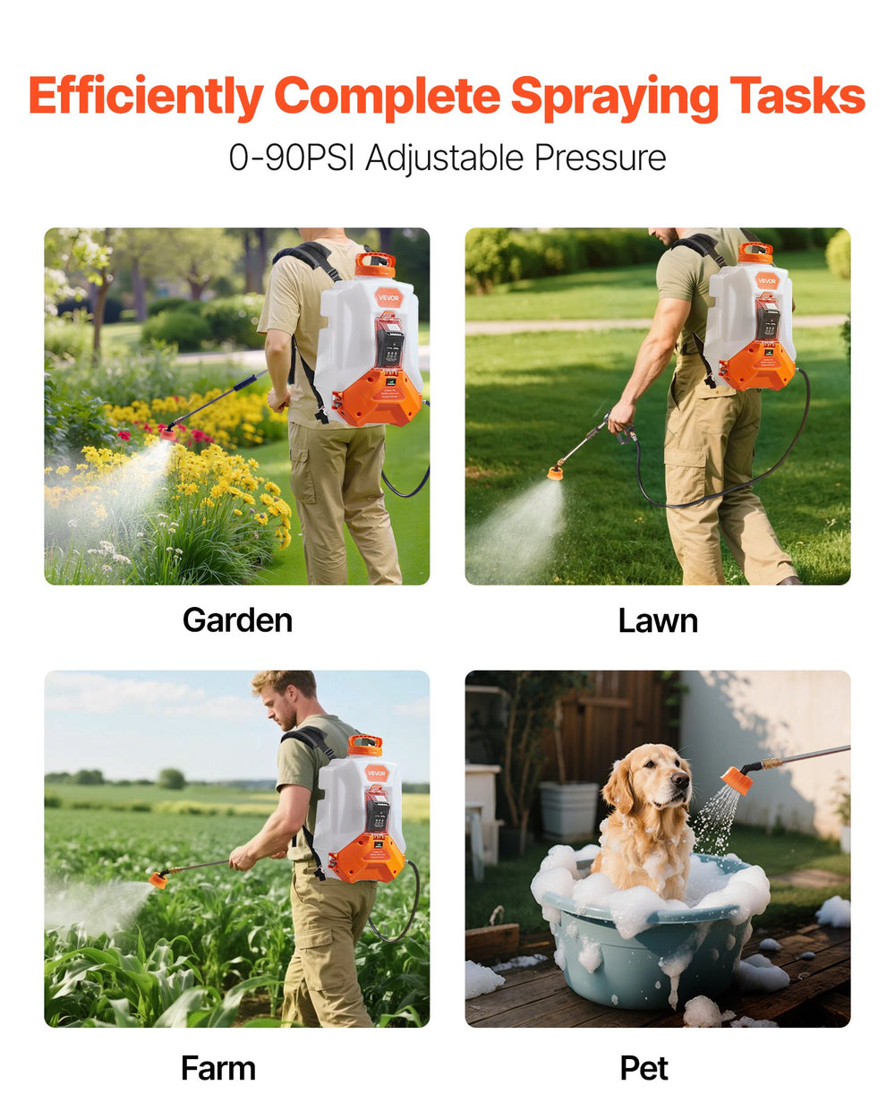 VEVOR Battery Powered Backpack Sprayer, 16L Electric Backpack Sprayer, 2 Wands & 8 Nozzles, Adjustable 0-90 PSI, 4H Runtime, Portable Yard Garden Lawn Sprayers for Weeding Spraying Cleaning