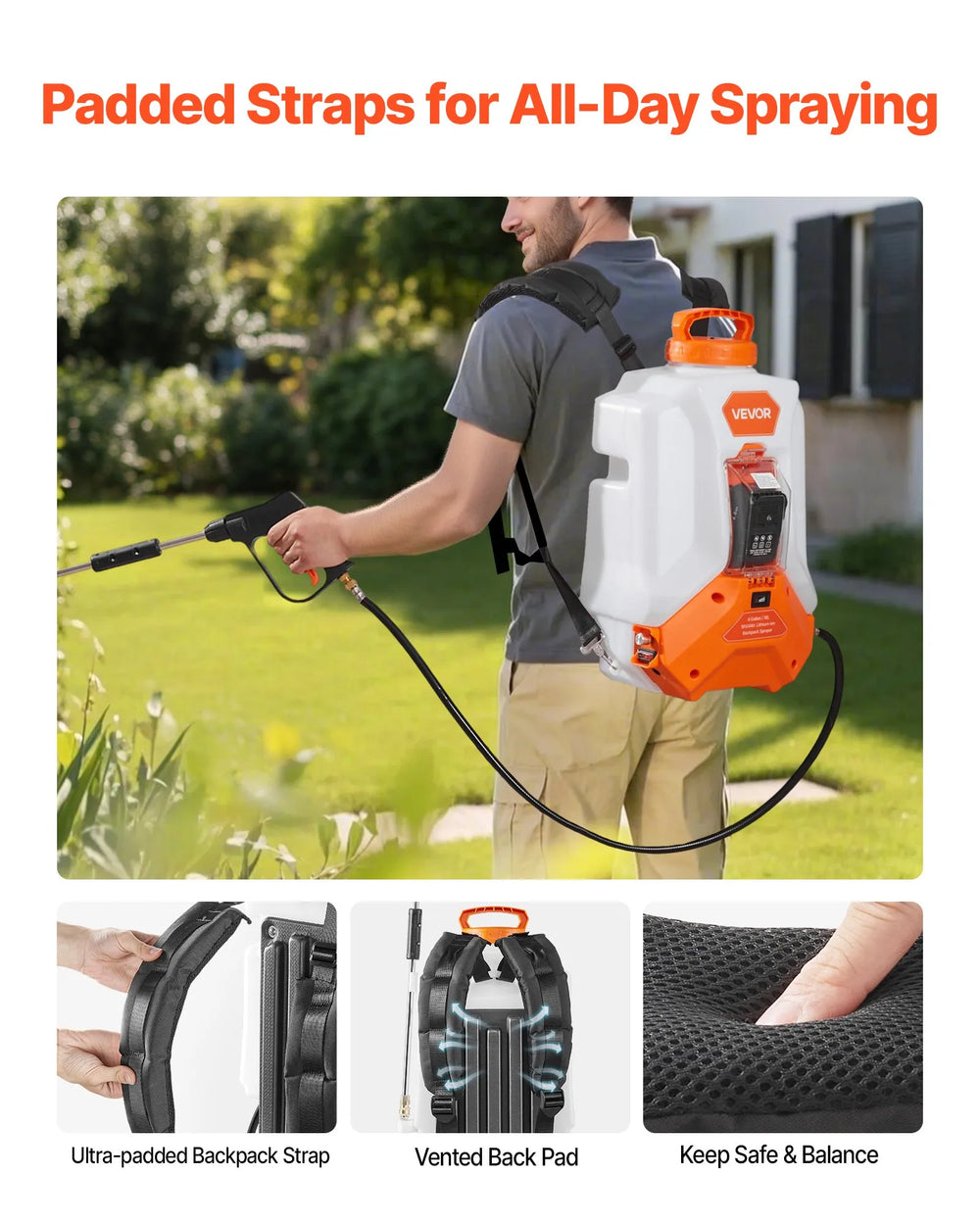 VEVOR Battery Powered Backpack Sprayer, 16L Electric Backpack Sprayer, 2 Wands & 8 Nozzles, Adjustable 0-90 PSI, 4H Runtime, Portable Yard Garden Lawn Sprayers for Weeding Spraying Cleaning
