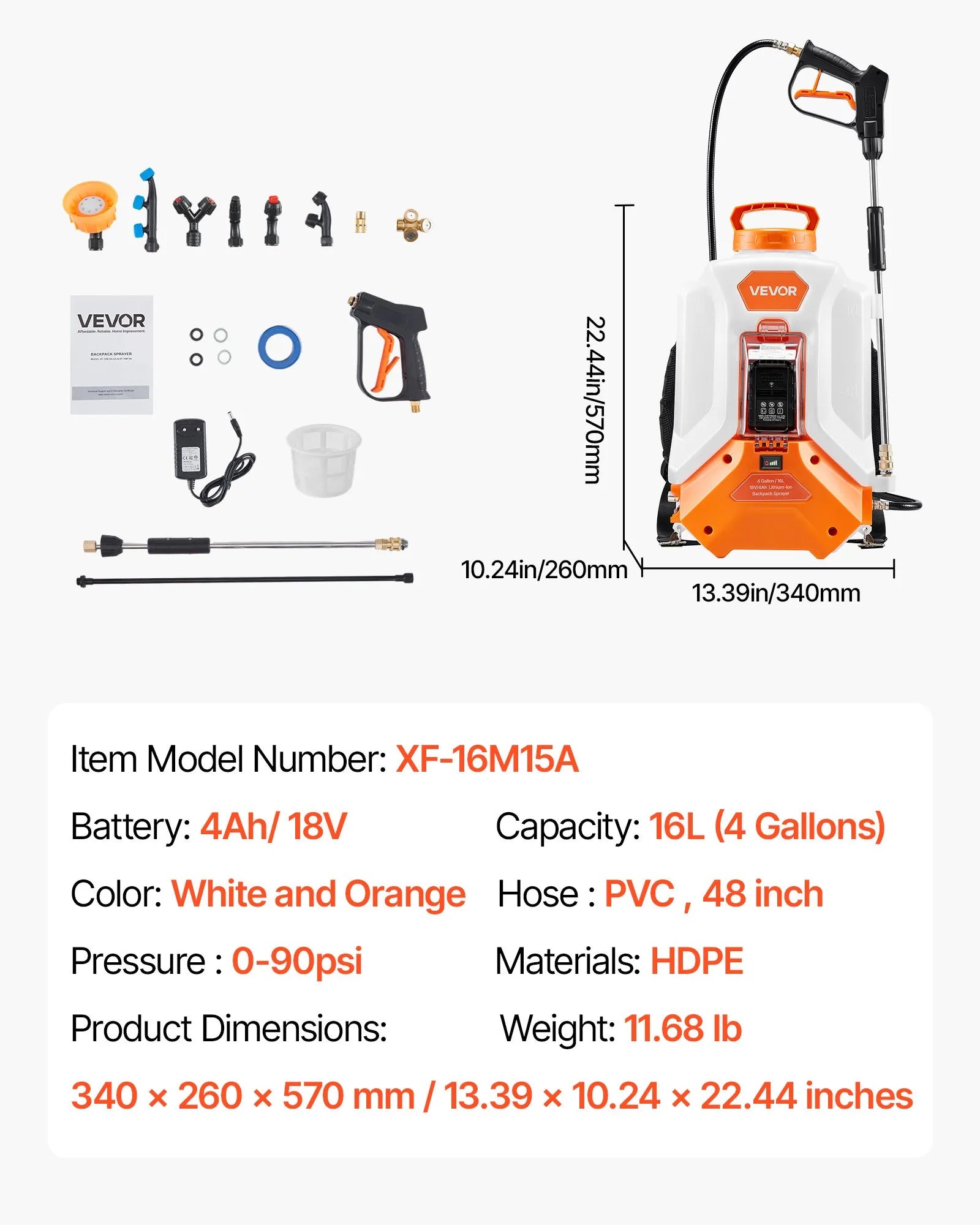VEVOR Battery Powered Backpack Sprayer, 16L Electric Backpack Sprayer, 2 Wands & 8 Nozzles, Adjustable 0-90 PSI, 4H Runtime, Portable Yard Garden Lawn Sprayers for Weeding Spraying Cleaning