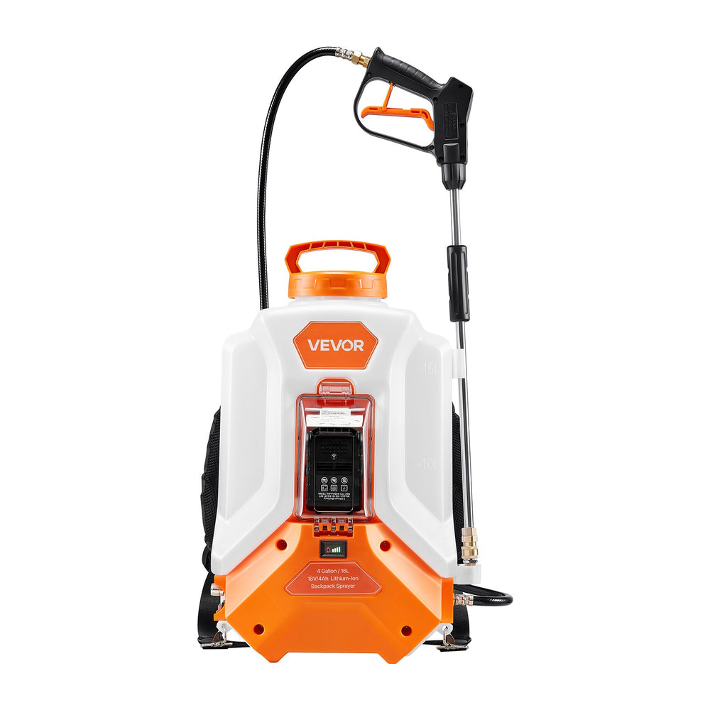 VEVOR Battery Powered Backpack Sprayer, 16L Electric Backpack Sprayer, 2 Wands & 8 Nozzles, Adjustable 0-90 PSI, 4H Runtime, Portable Yard Garden Lawn Sprayers for Weeding Spraying Cleaning