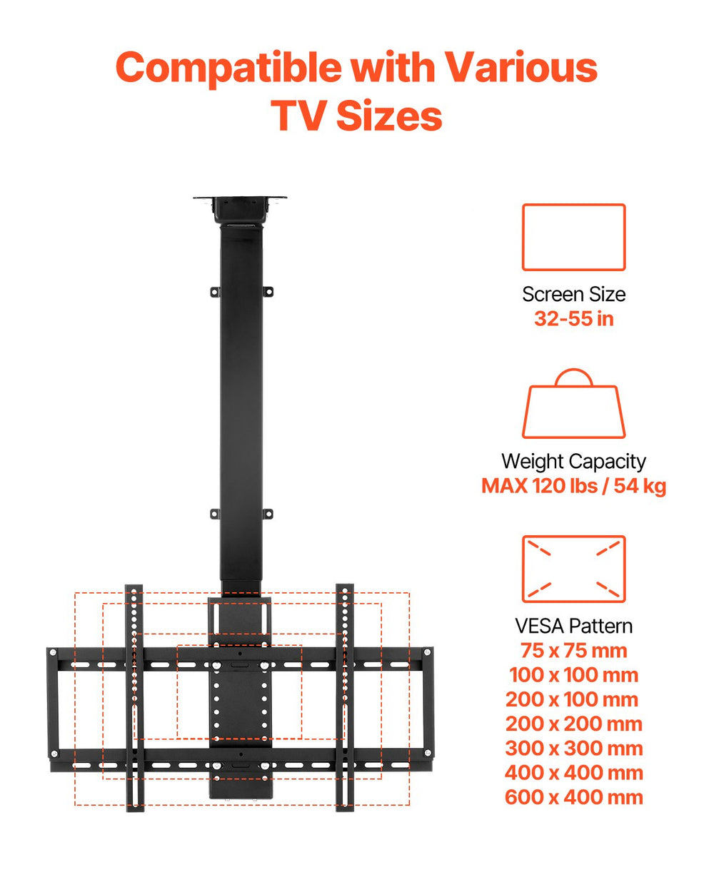 VEVOR Motorized Ceiling TV Mount, TV Wall Mount for 32 to 55 Inch TV, Electric Adjustable Ceiling TV Mount, Motorized Flip Down TV Mount Bracket with Max VESA 24 x 16 in, Fits TVs Up to 120 lbs