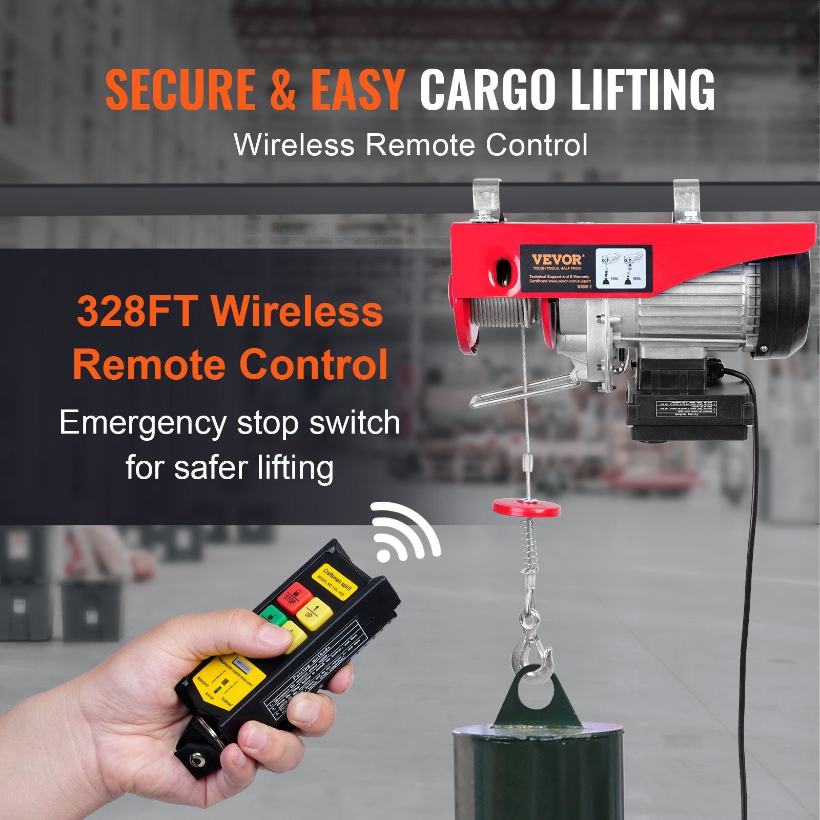 VEVOR Electric Hoist, 399.2 kg Lifting Capacity, 850W 220V Electric Steel Wire Winch with Wireless Remote Control, 1219 cm Single Cable Lifting Height & Pure Copper Motor, for Garage Warehouse Factory
