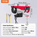 VEVOR Electric Hoist, 399.2 kg Lifting Capacity, 850W 220V Electric Steel Wire Winch with Wireless Remote Control, 1219 cm Single Cable Lifting Height & Pure Copper Motor, for Garage Warehouse Factory