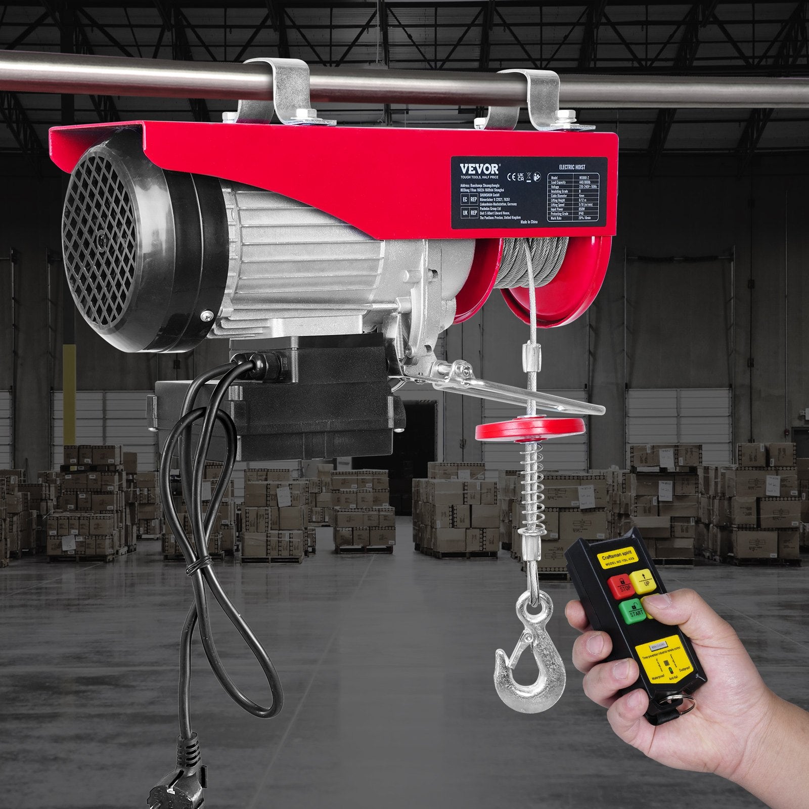 VEVOR Electric Hoist, 399.2 kg Lifting Capacity, 850W 220V Electric Steel Wire Winch with Wireless Remote Control, 1219 cm Single Cable Lifting Height & Pure Copper Motor, for Garage Warehouse Factory