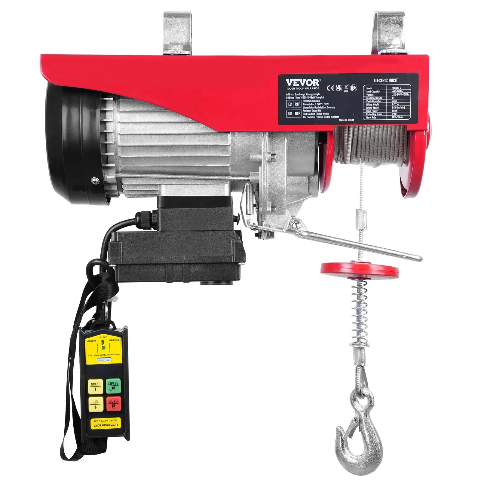 VEVOR Electric Hoist, 399.2 kg Lifting Capacity, 850W 220V Electric Steel Wire Winch with Wireless Remote Control, 1219 cm Single Cable Lifting Height & Pure Copper Motor, for Garage Warehouse Factory