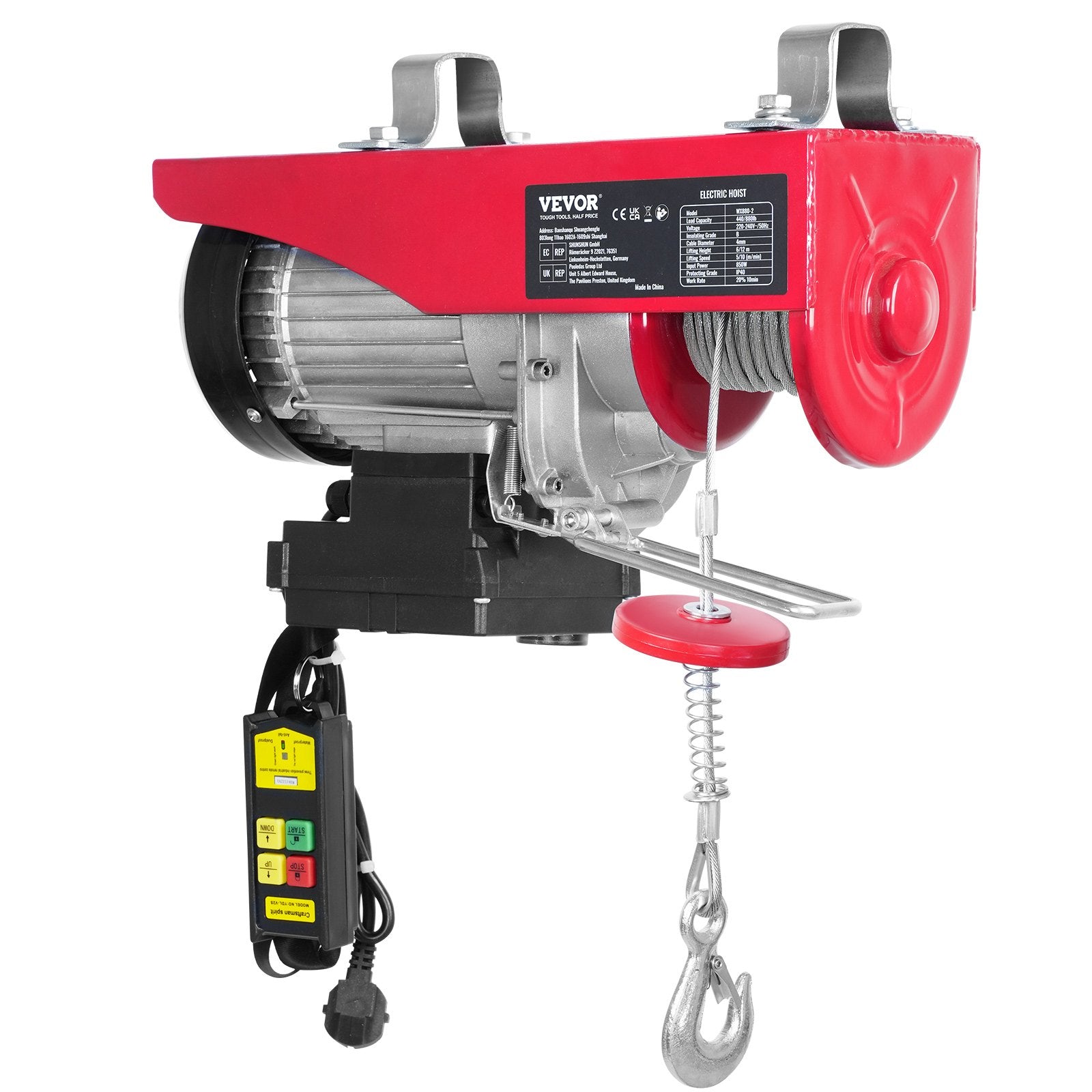 VEVOR Electric Hoist, 399.2 kg Lifting Capacity, 850W 220V Electric Steel Wire Winch with Wireless Remote Control, 1219 cm Single Cable Lifting Height & Pure Copper Motor, for Garage Warehouse Factory