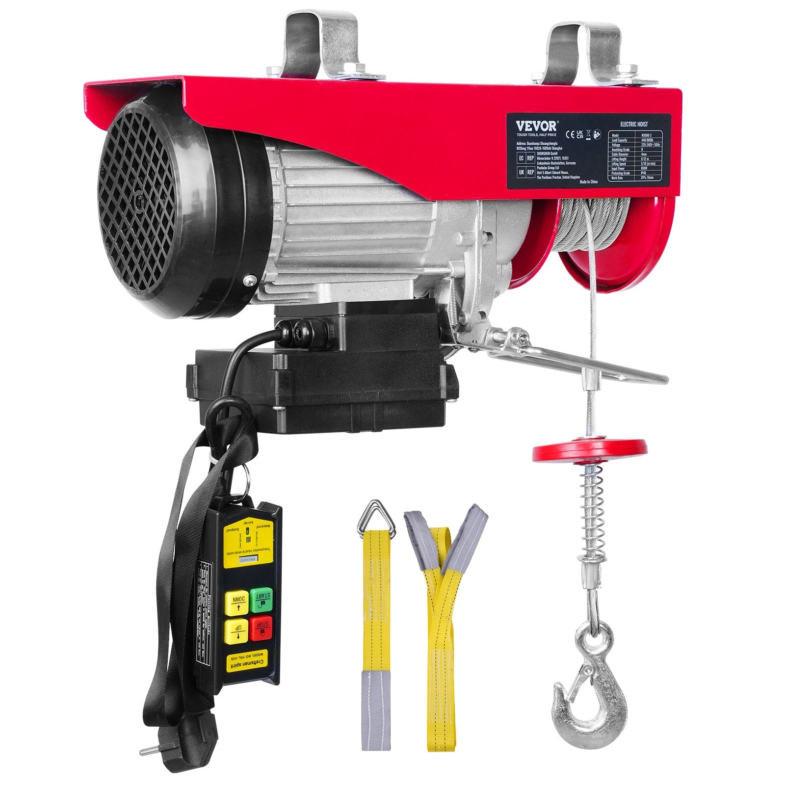 VEVOR Electric Hoist, 399.2 kg Lifting Capacity, 850W 220V Electric Steel Wire Winch with Wireless Remote Control, 1219 cm Single Cable Lifting Height & Pure Copper Motor, for Garage Warehouse Factory