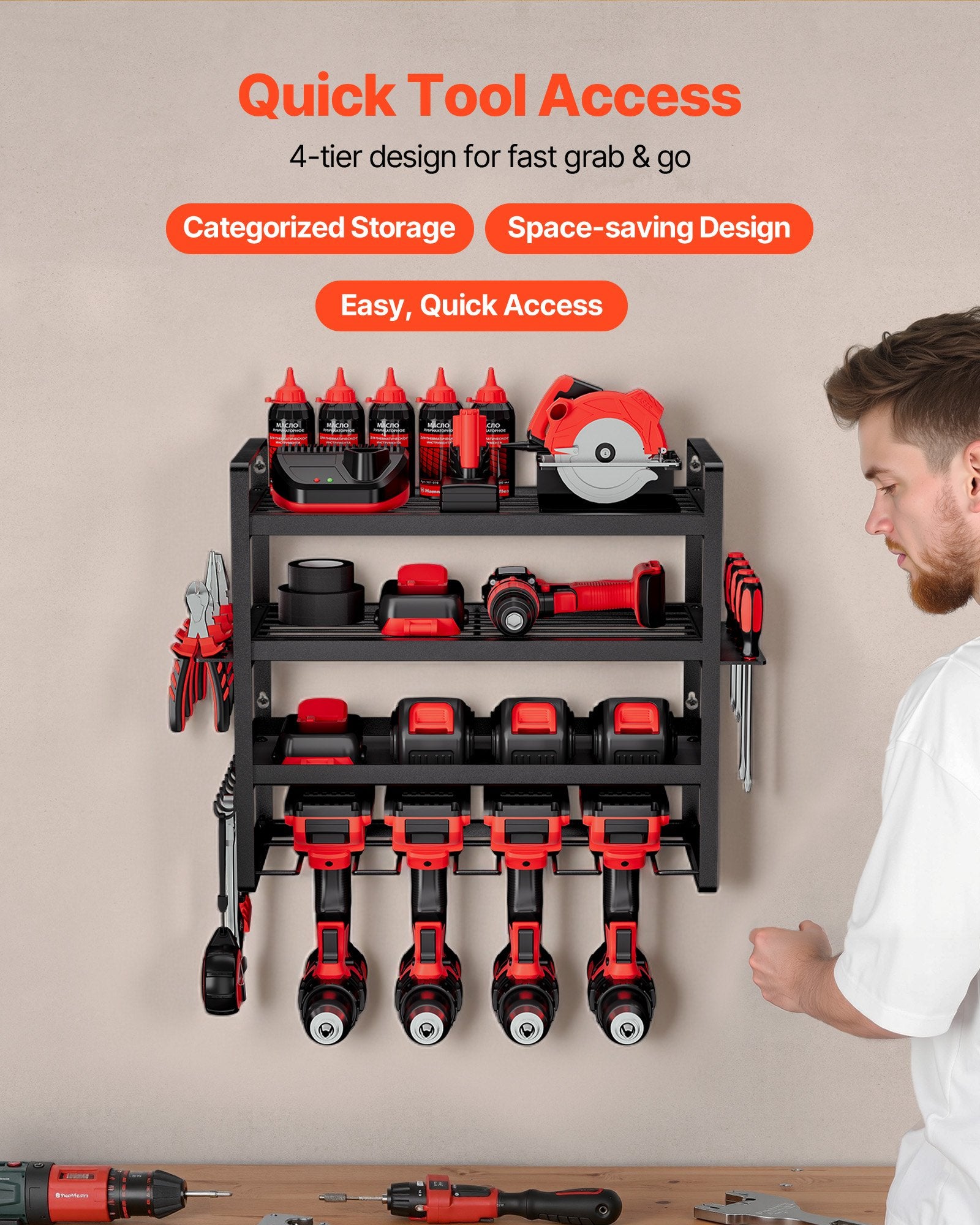 VEVOR Power Tool Organizer Wall Mount, 4-Layer Storage Rack with 4 Drill Holders, Tools Holder and Storage Rack with Screwdriver Holder, Garage Tool Organizer for Garage, Workbench, and Workshop