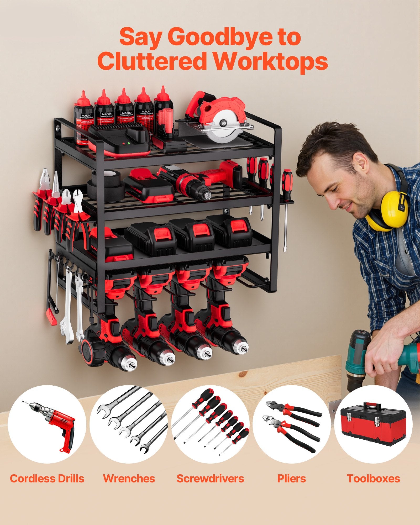 VEVOR Power Tool Organizer Wall Mount, 4-Layer Storage Rack with 4 Drill Holders, Tools Holder and Storage Rack with Screwdriver Holder, Garage Tool Organizer for Garage, Workbench, and Workshop