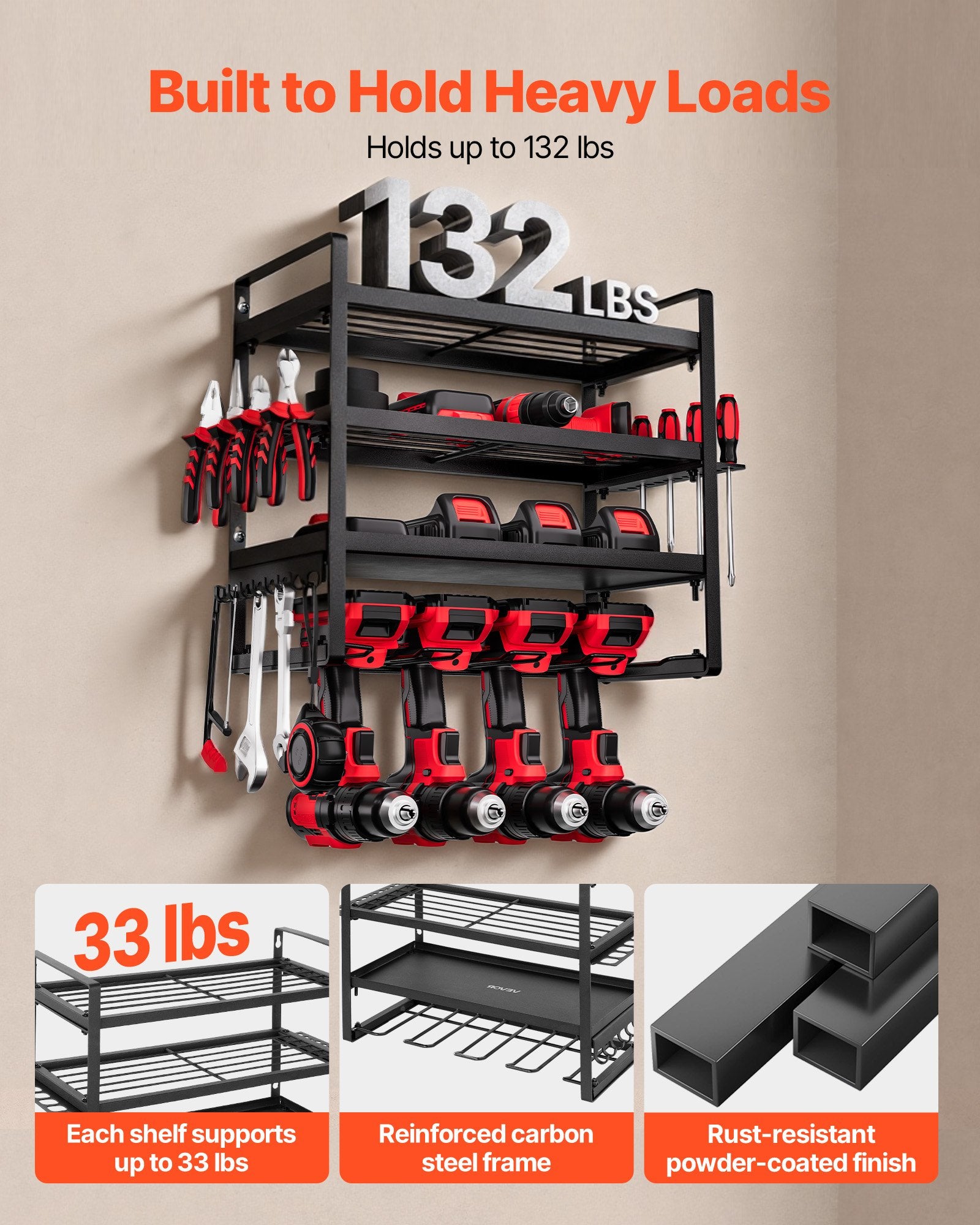 VEVOR Power Tool Organizer Wall Mount, 4-Layer Storage Rack with 4 Drill Holders, Tools Holder and Storage Rack with Screwdriver Holder, Garage Tool Organizer for Garage, Workbench, and Workshop