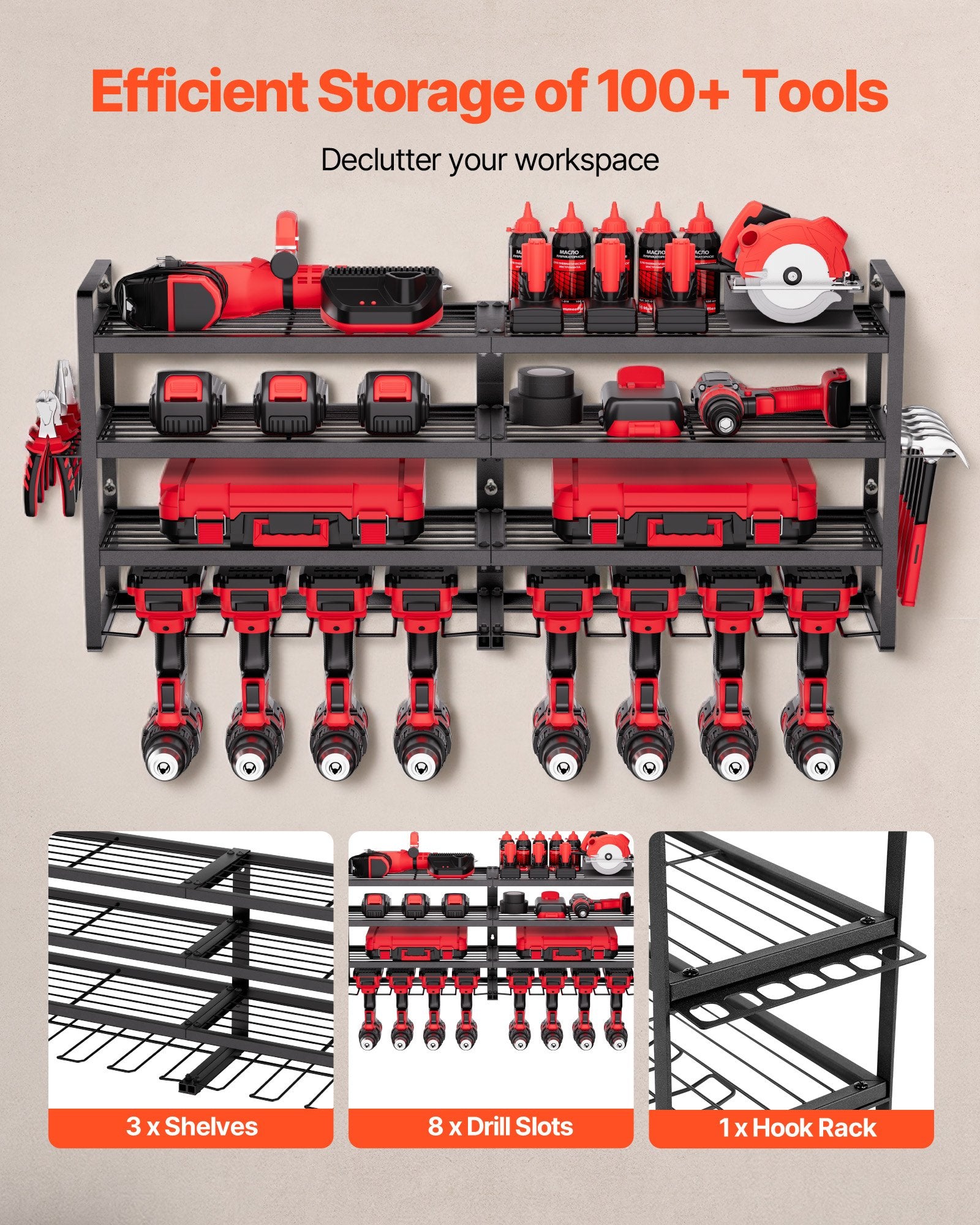 VEVOR Power Tool Organizer Wall Mount, 4-Layer Storage Rack with 8 Drill Holders, Tools Holder and Storage Rack with Screwdriver Holder, Garage Tool Organizer for Garage, Workbench, and Workshop