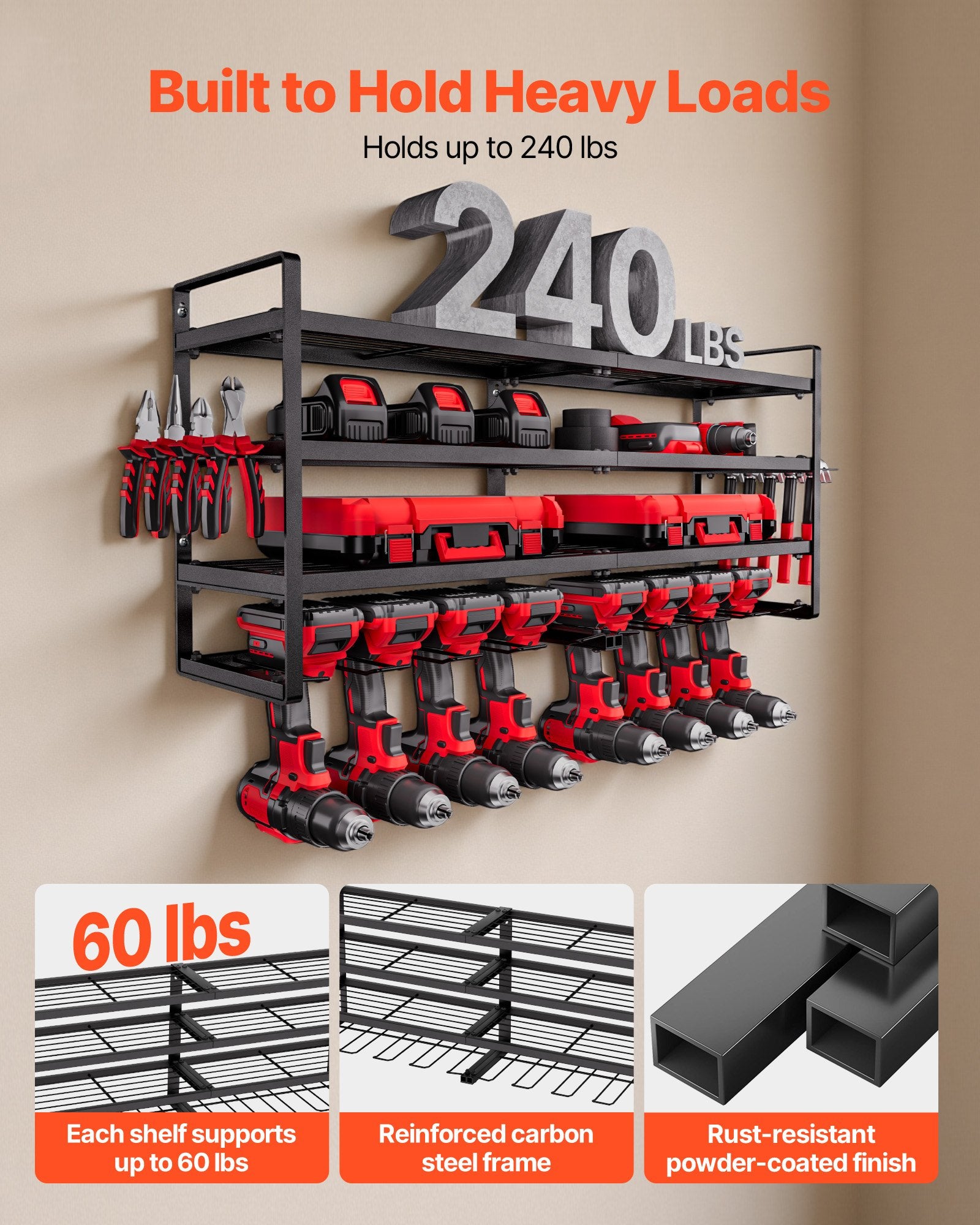 VEVOR Power Tool Organizer Wall Mount, 4-Layer Storage Rack with 8 Drill Holders, Tools Holder and Storage Rack with Screwdriver Holder, Garage Tool Organizer for Garage, Workbench, and Workshop