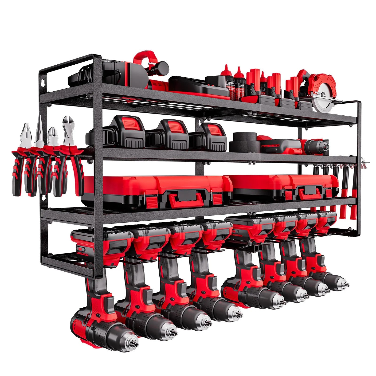 VEVOR Power Tool Organizer Wall Mount, 4-Layer Storage Rack with 8 Drill Holders, Tools Holder and Storage Rack with Screwdriver Holder, Garage Tool Organizer for Garage, Workbench, and Workshop