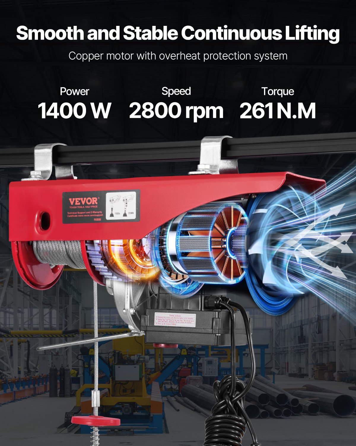 VEVOR Electric Hoist Crane Winch 997.9 kg 9997.4 cm Wireless & 426.7 cm Wired Remote