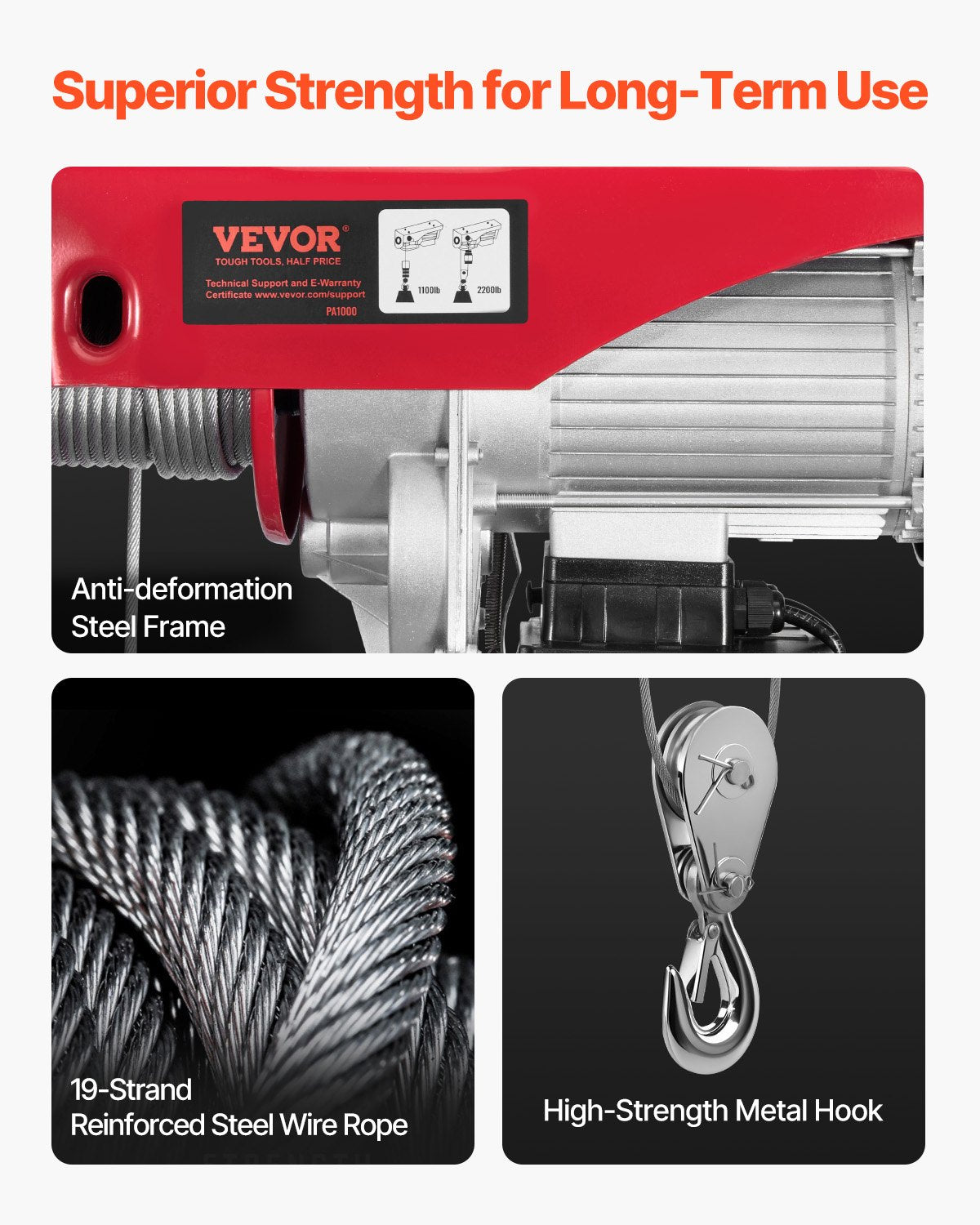 VEVOR Electric Hoist Crane Winch 997.9 kg 9997.4 cm Wireless & 426.7 cm Wired Remote