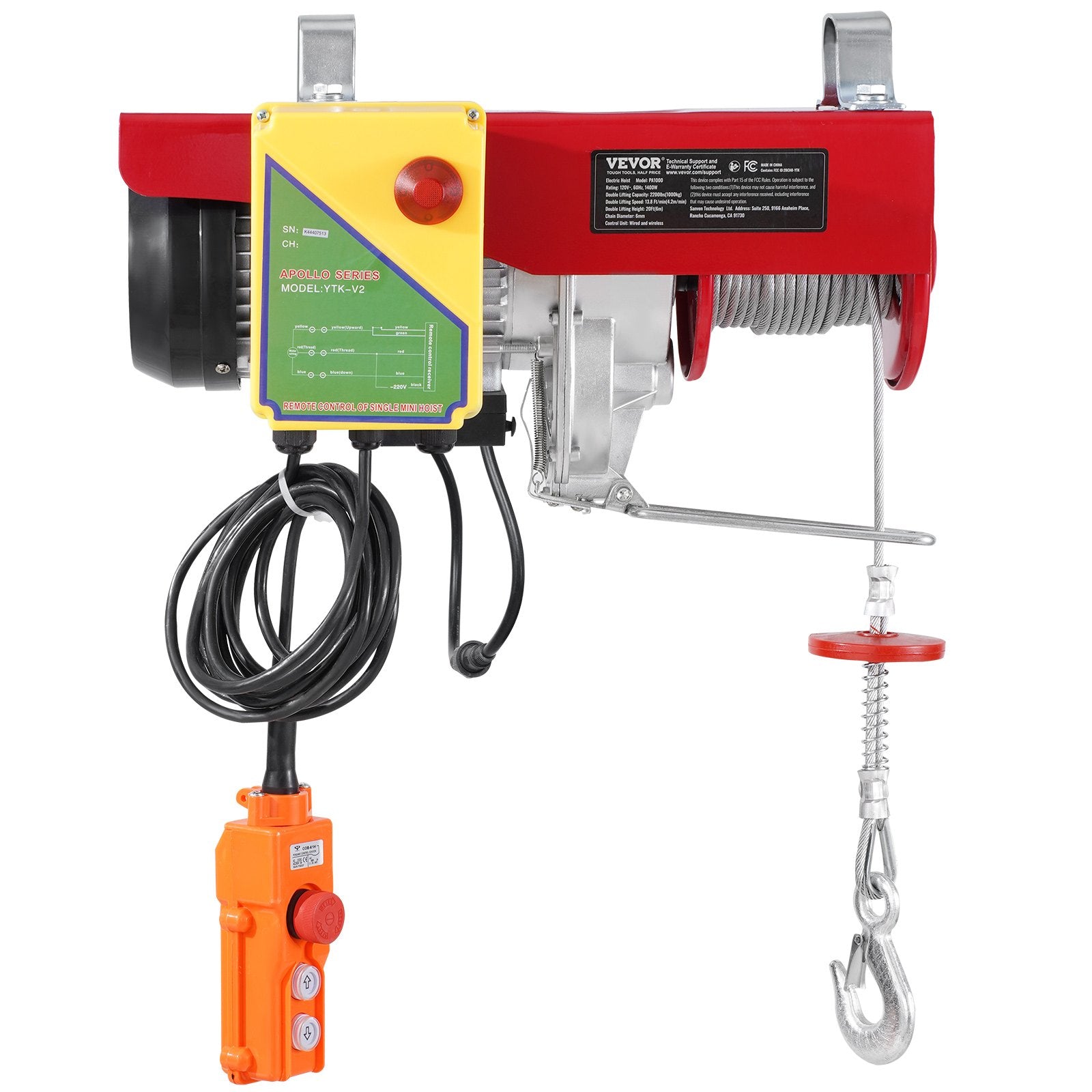 VEVOR Electric Hoist Crane Winch 997.9 kg 9997.4 cm Wireless & 426.7 cm Wired Remote