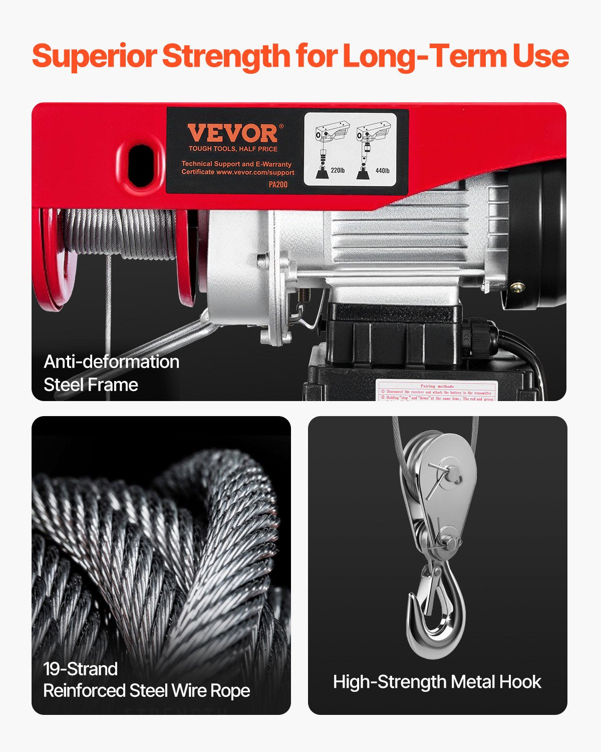 VEVOR Electric Hoist Crane Winch 199.6 kg 9997.4cm Wireless & 426.7 cm Wired Remote