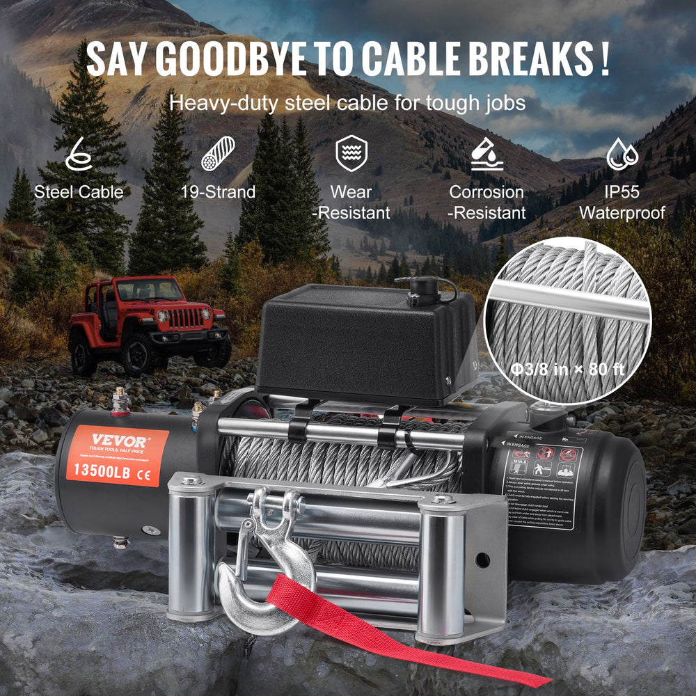 VEVOR Electric Winch Truck 6123.5 kg Steel Cable IP65 Waterproof Remote Control