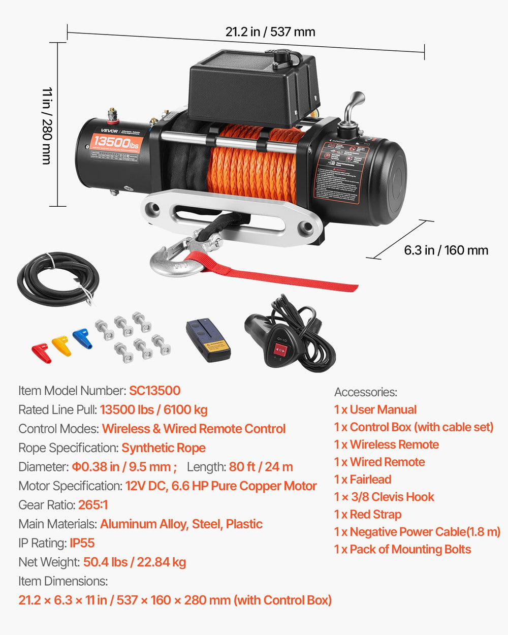 VEVOR Electric Winch Truck 6123.5 kg Synthetic Rope Waterproof Remote Control