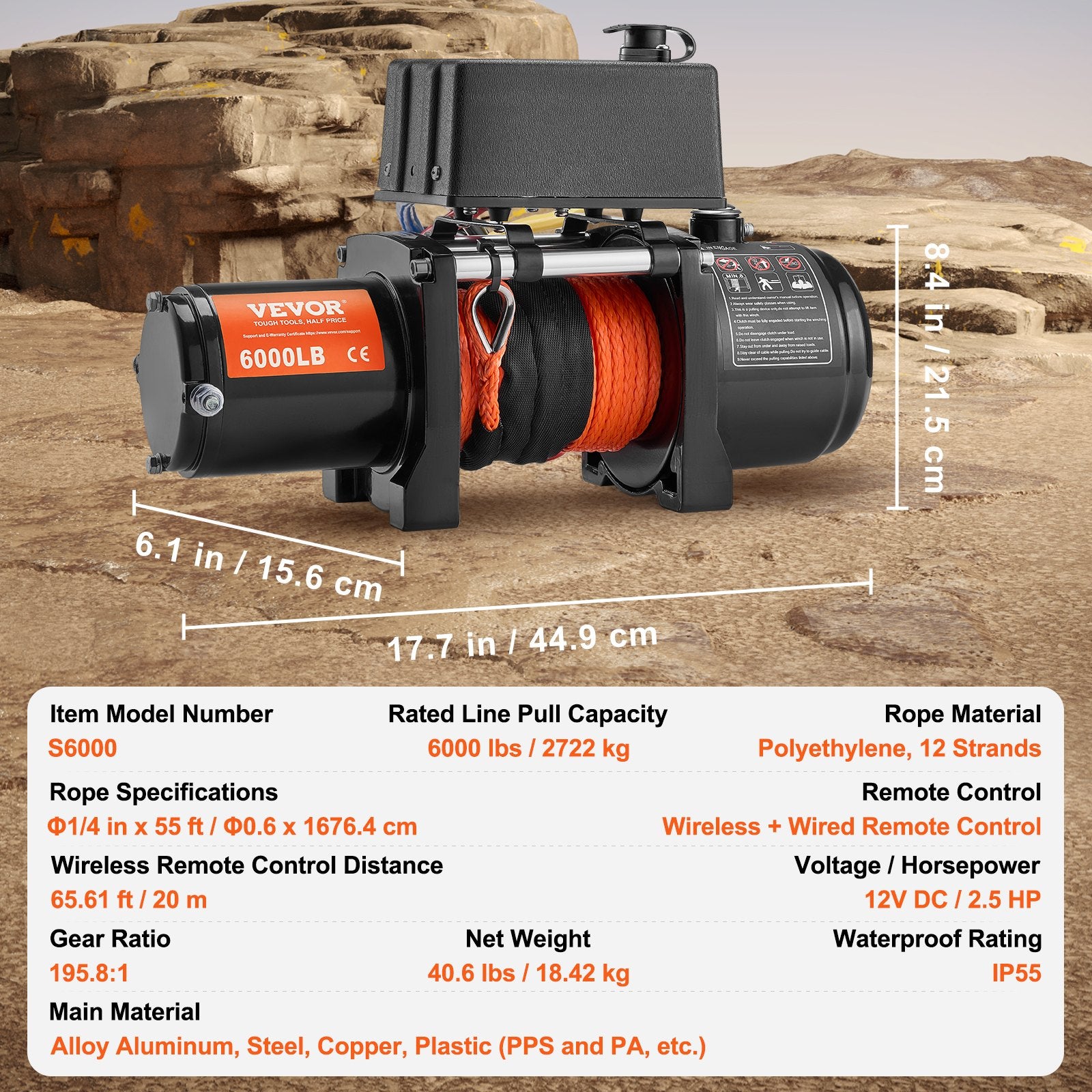 VEVOR Electric Winch for Truck 2721.6 kg Synthetic Rope Waterproof Remote Control