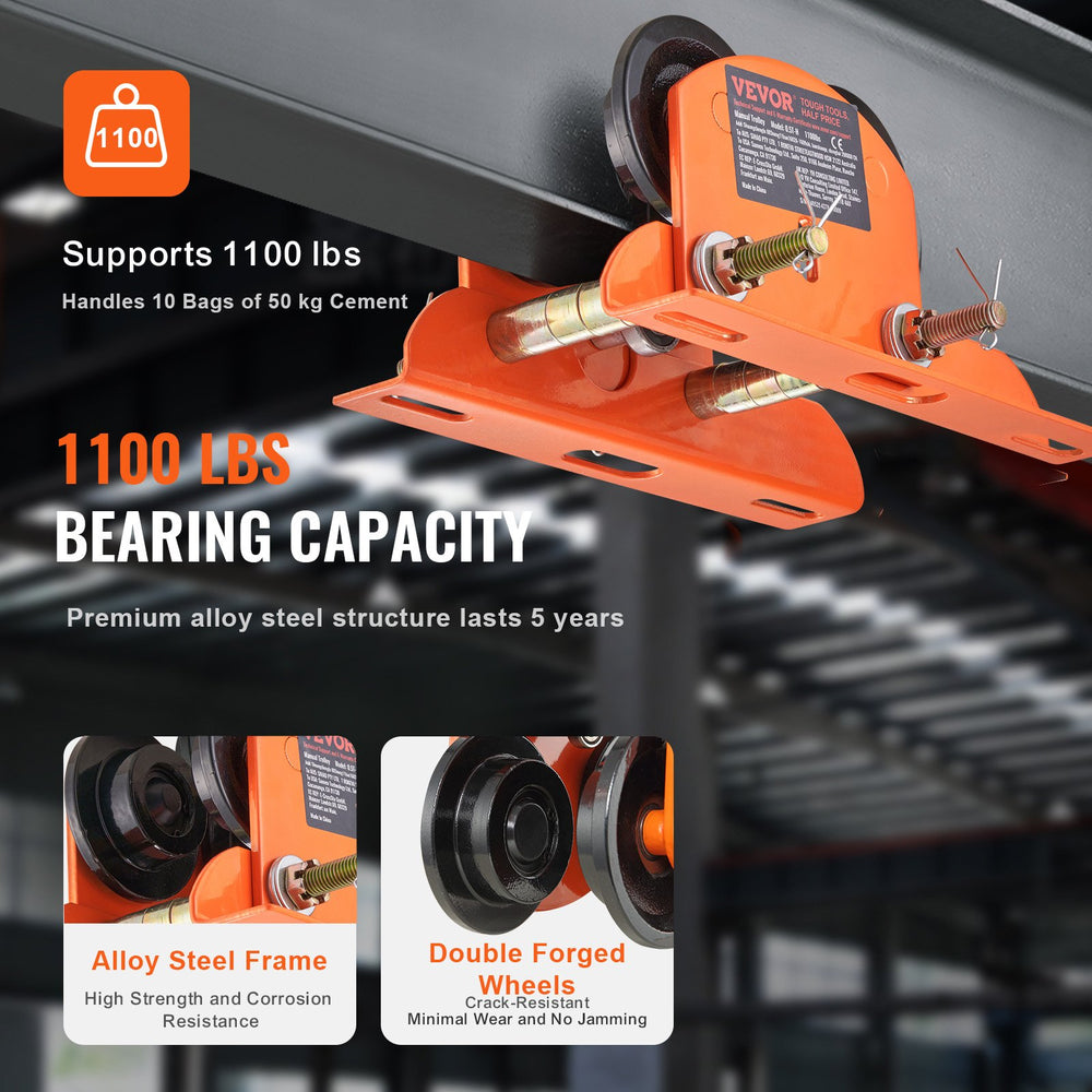 VEVOR Electric Hoist Manual Trolley, 499 kg/0.5 Ton Capacity for PA200 PA250 PA300 PA400 PA500, Push Beam Trolley with Dual Wheels, 6 cm-12 cm Adjustable Flange Width for Straight Curved I Beam