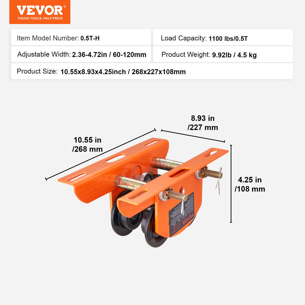 VEVOR Electric Hoist Manual Trolley, 499 kg/0.5 Ton Capacity for PA200 PA250 PA300 PA400 PA500, Push Beam Trolley with Dual Wheels, 6 cm-12 cm Adjustable Flange Width for Straight Curved I Beam
