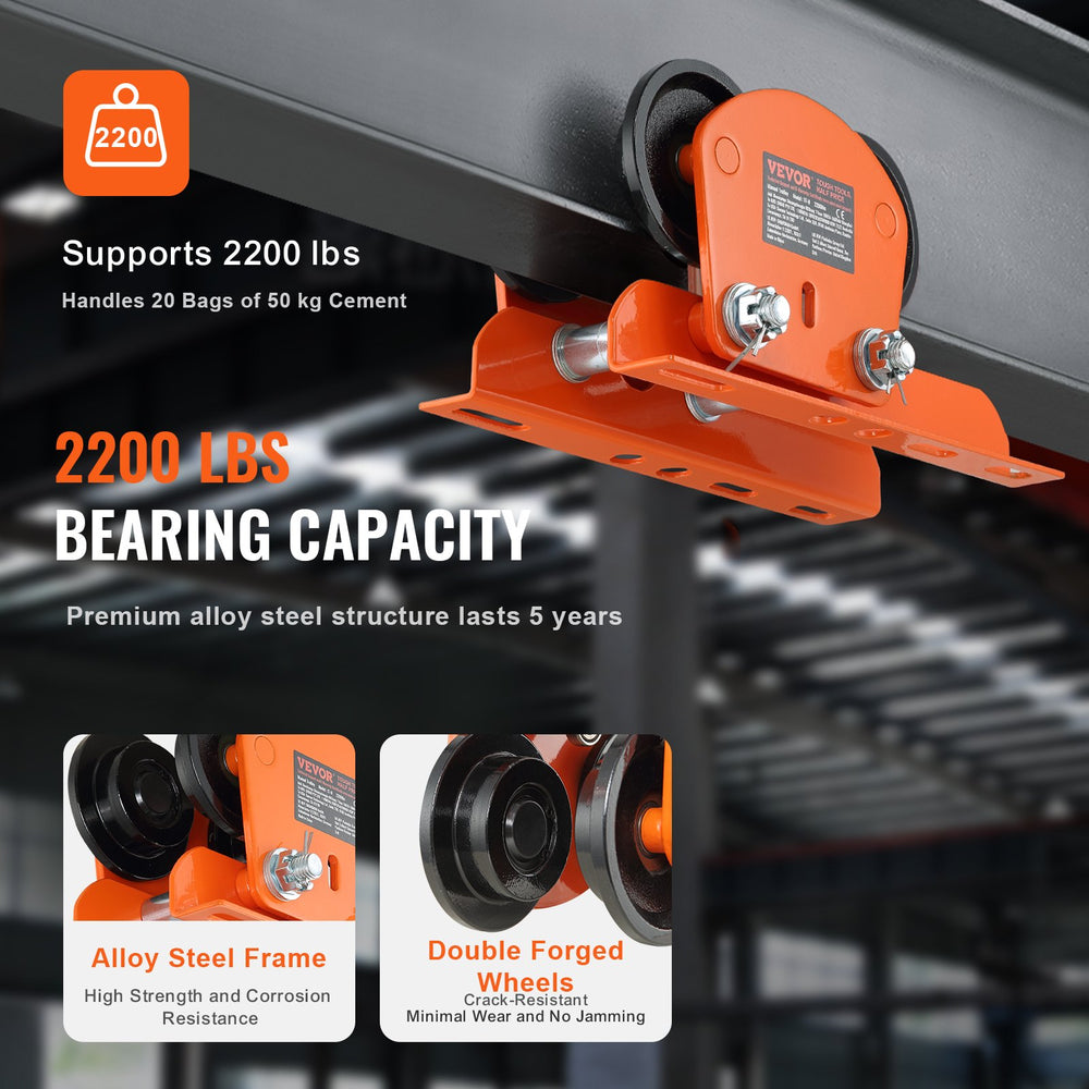 VEVOR Electric Hoist Manual Trolley, 998 kg/1 Ton Capacity for PA200 PA250 PA300 PA400 PA500, Push Beam Trolley with Dual Wheels, 6.8 cm-11 cm Adjustable Beam Flange Width for Straight Curved I Beam