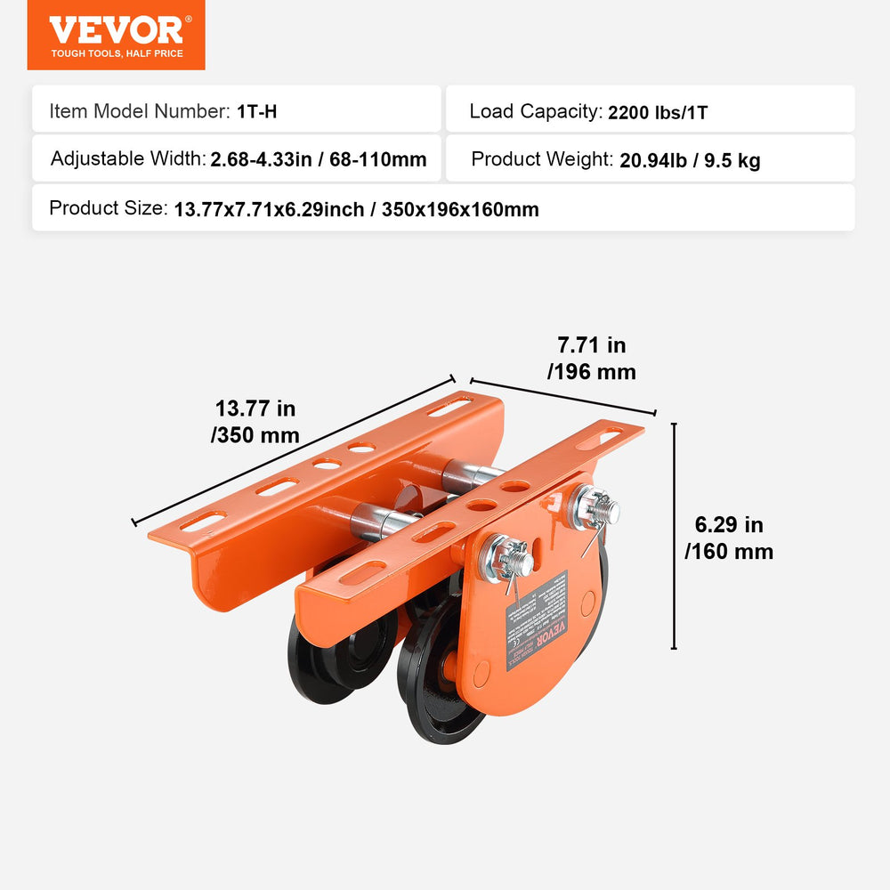 VEVOR Electric Hoist Manual Trolley, 998 kg/1 Ton Capacity for PA200 PA250 PA300 PA400 PA500, Push Beam Trolley with Dual Wheels, 6.8 cm-11 cm Adjustable Beam Flange Width for Straight Curved I Beam