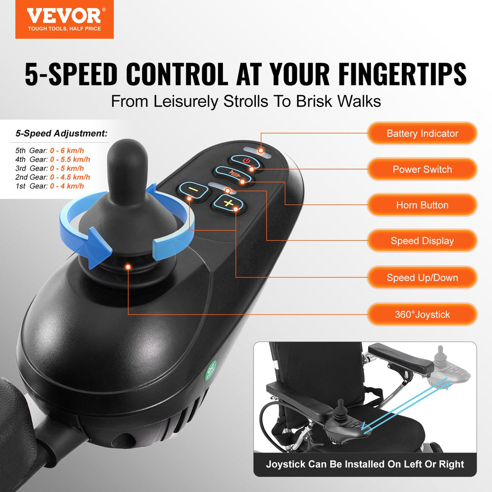 VEVOR Foldable Electric Wheelchair Motorized 300 lbs/136 kg Adjustable Backrest 20 in/50.8 cm W