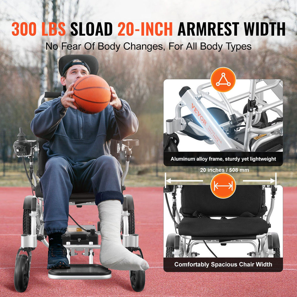 VEVOR Foldable Electric Wheelchair Motorized 300 lbs/136 kg Adjustable Backrest 20 in/50.8 cm W