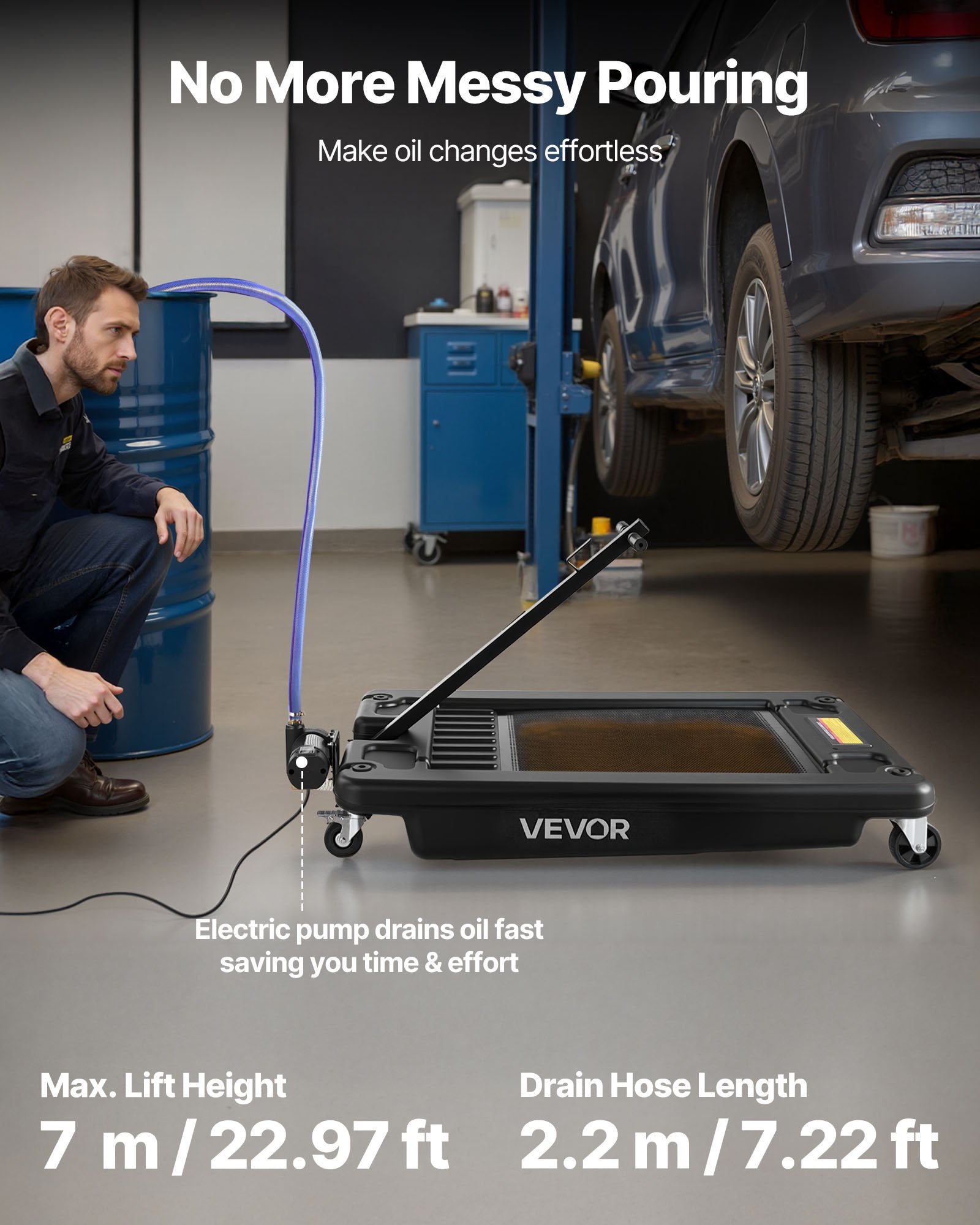 VEVOR Low Profile Oil Drain Pan, 64 L Capacity, Rolling Oil Drain Pan with Electric Pump & 2.2 m Hose, Leak-proof & Corrosion-resistant, Fit for Cars, SUVs, Trucks, Motorcycles, ATVs, Metal