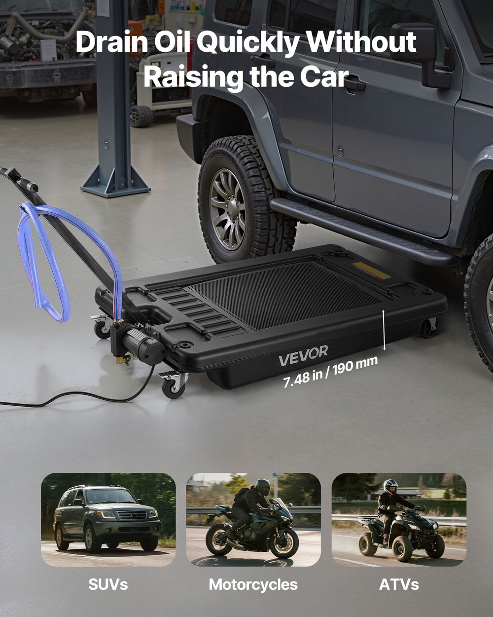 VEVOR Low Profile Oil Drain Pan, 64 L Capacity, Rolling Oil Drain Pan with Electric Pump & 2.2 m Hose, Leak-proof & Corrosion-resistant, Fit for Cars, SUVs, Trucks, Motorcycles, ATVs, Metal