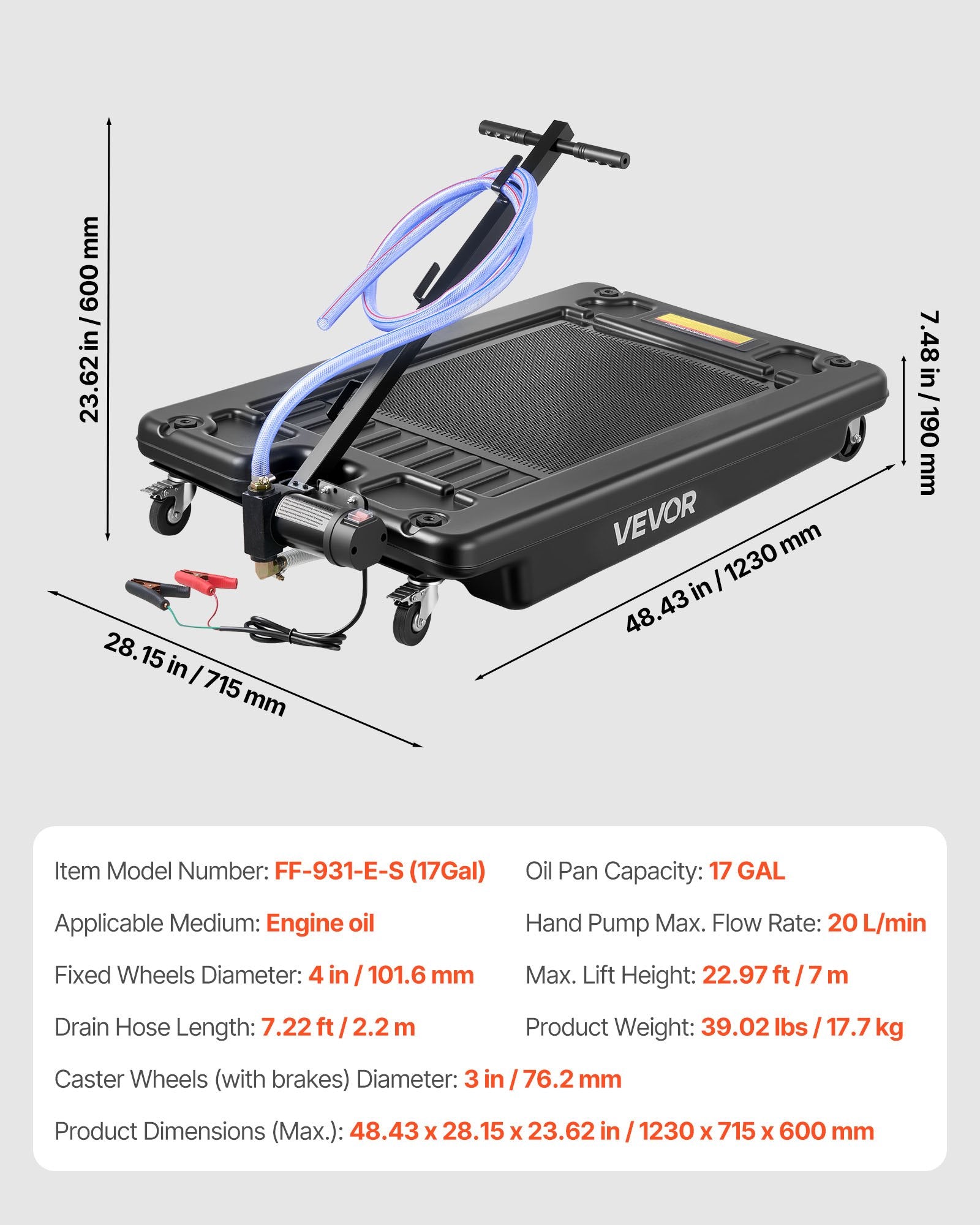 VEVOR Low Profile Oil Drain Pan, 64 L Capacity, Rolling Oil Drain Pan with Electric Pump & 2.2 m Hose, Leak-proof & Corrosion-resistant, Fit for Cars, SUVs, Trucks, Motorcycles, ATVs, Metal