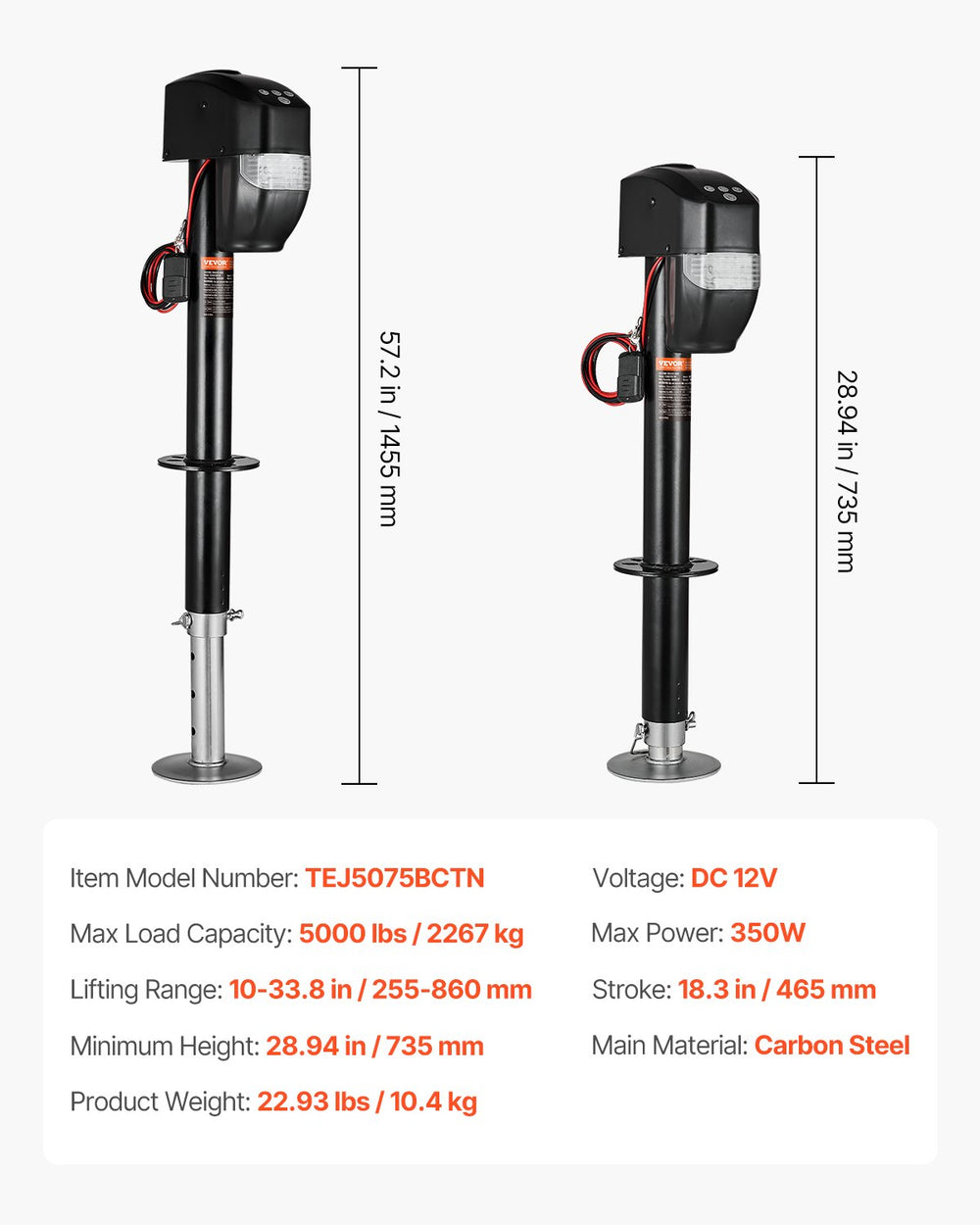 VEVOR Electric Trailer Jack, 5000 lbs, Heavy Duty RV Electric Power Tongue Jack with 2 Way Connector, Remote Control, Crank Handle & Weatherproof Jack Cover, 10"-28.3" Lift, for Trailers & Campers