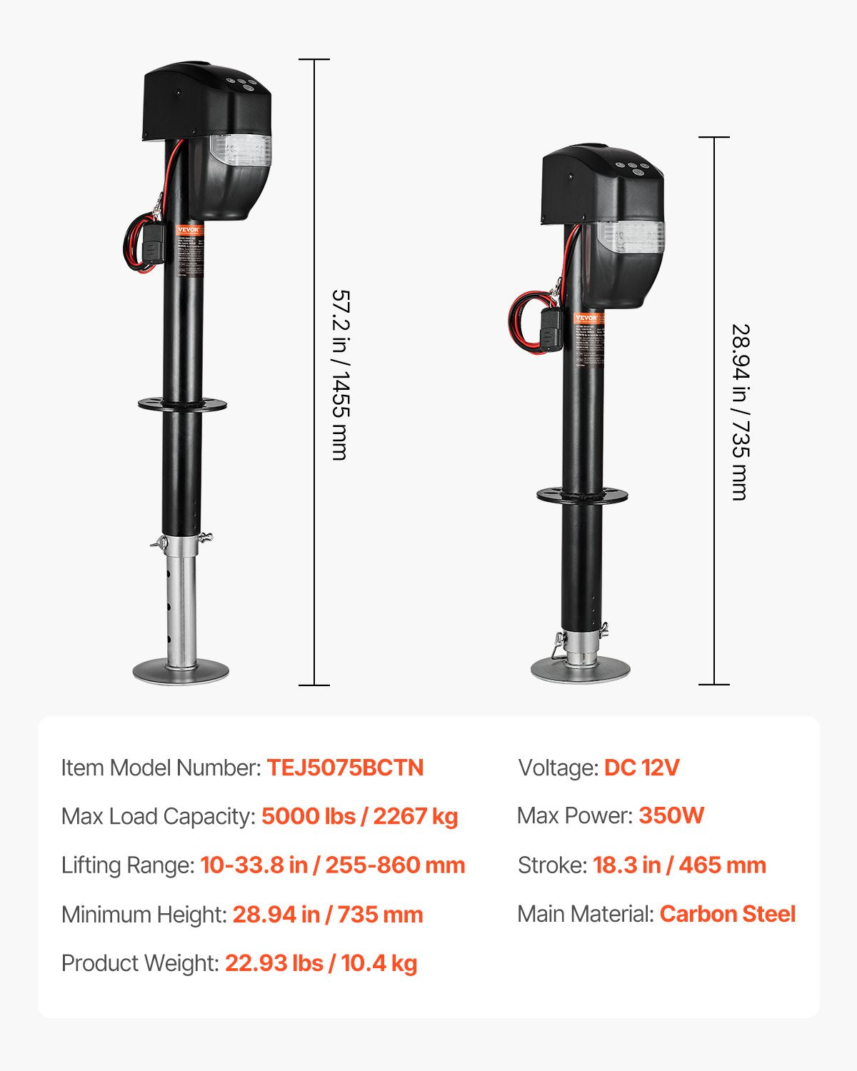 VEVOR Electric Trailer Jack, 5000 lbs, Heavy Duty RV Electric Power Tongue Jack with 2 Way Connector, Remote Control, Crank Handle & Weatherproof Jack Cover, 10"-28.3" Lift, for Trailers & Campers