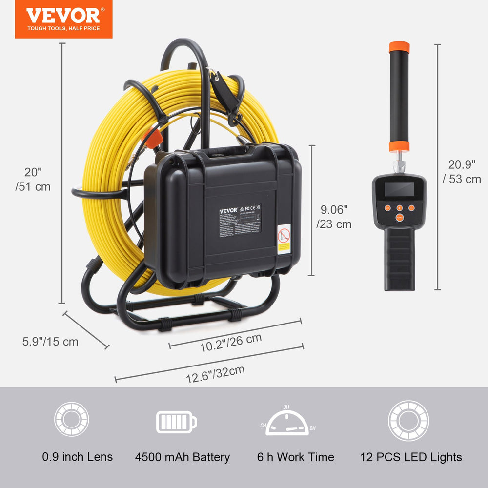VEVOR Sewer Camera Pipe Inspection Camera w/ 512hz Sonde 22.9 cm 720p Screen 91.4m