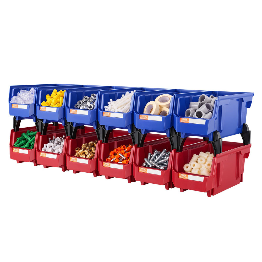 VEVOR Plastic Storage Bin, (11-Inch x 5-Inch x 5-Inch), Hanging Stackable Storage Organizer Bin, Blue/Red, 12-Pack, Heavy Duty Stacking Containers for Closet, Kitchen, Office, or Pantry Organization