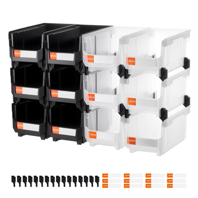 VEVOR Plastic Stackable Storage Bins, 37.7 x 21.5 x 18 cm (12 Pack), Plastic Containers for Organizing & Storage Bins for Garage, Small Parts, Office Supplies, Other Accessories, Black & Transparent